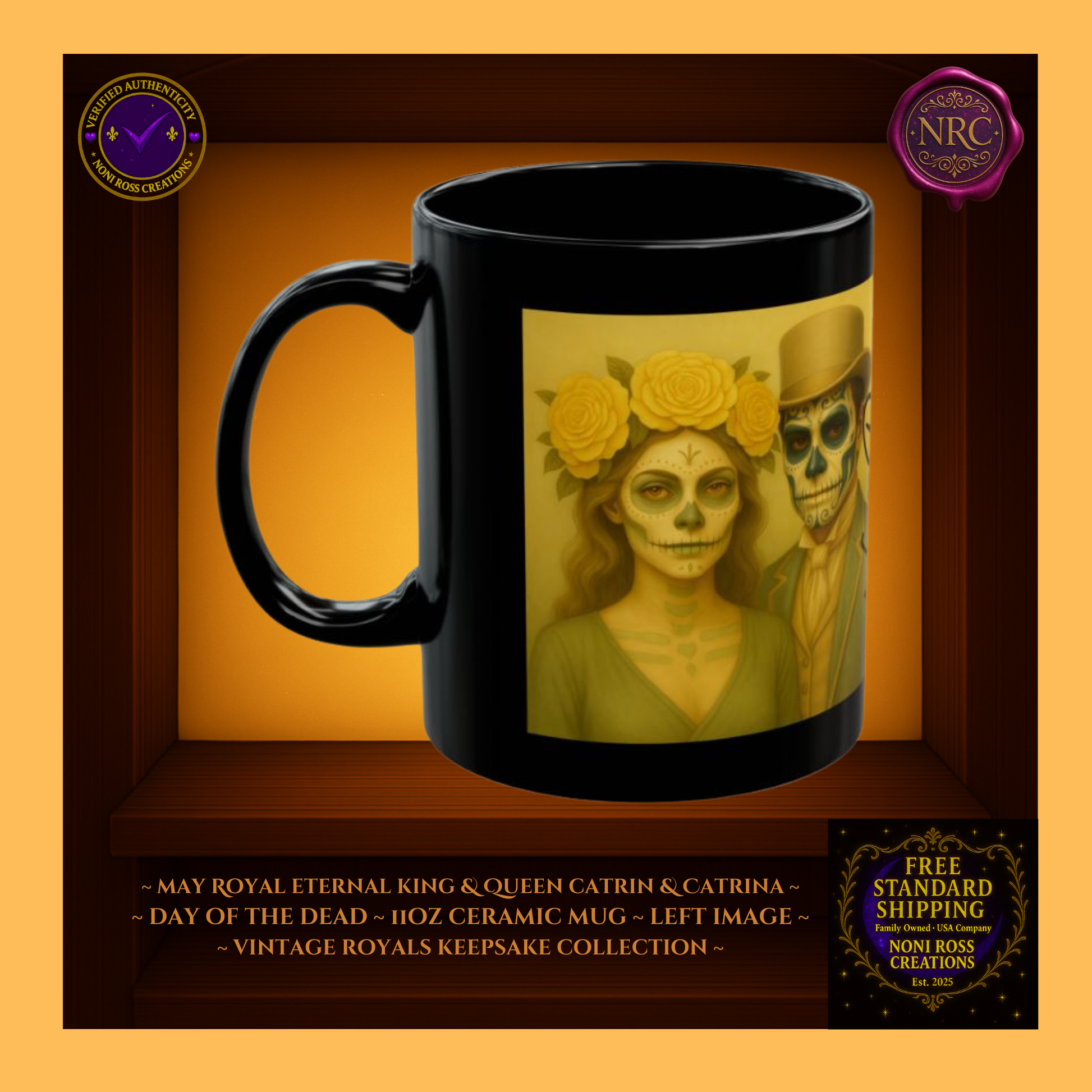Left side—May Eternal King & Queen Mugs showing paired attire and gold detailing | 11 oz ceramic mugs