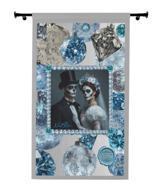 Saf-fire & Ice curtain displayed in a studio window, demonstrating privacy and light-blocking while highlighting the blue gemstone details.