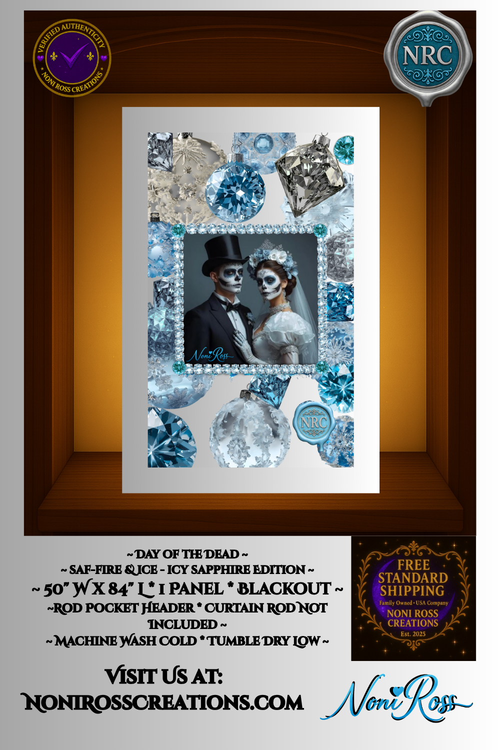 Saf-fire & Ice β Icy Sapphire Edition blackout curtain featuring a Day of the Dead couple framed in sapphire crystals and silver lace by Noni Ross Creations.