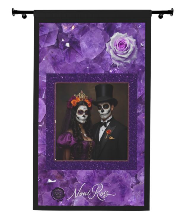 Full blackout curtain in deep violet and copper tones with floral accents