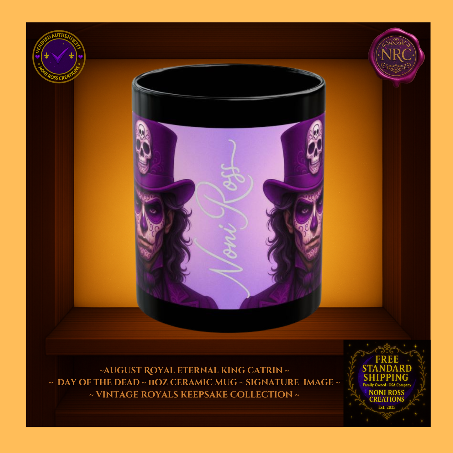 Signature spine — 💜 Noni Ross Creations logo with Vintage Royals filigree on gold background