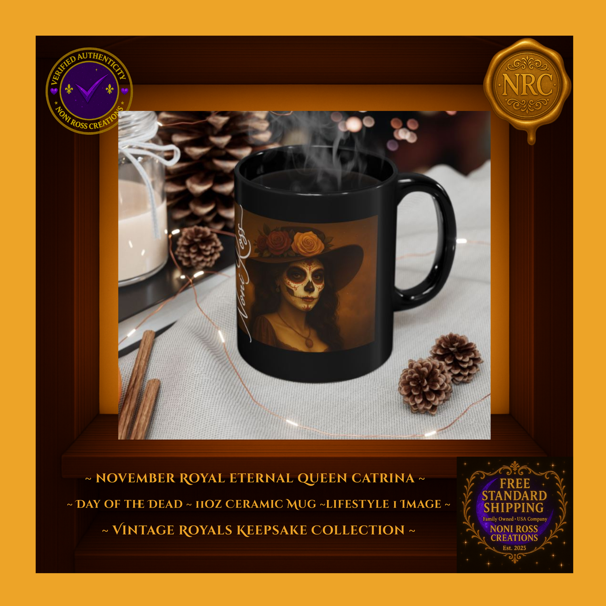 November Catrina Mug styled on a cozy fall table with candles and leaves—vintage gothic coffee aesthetic | Noni Ross Creations