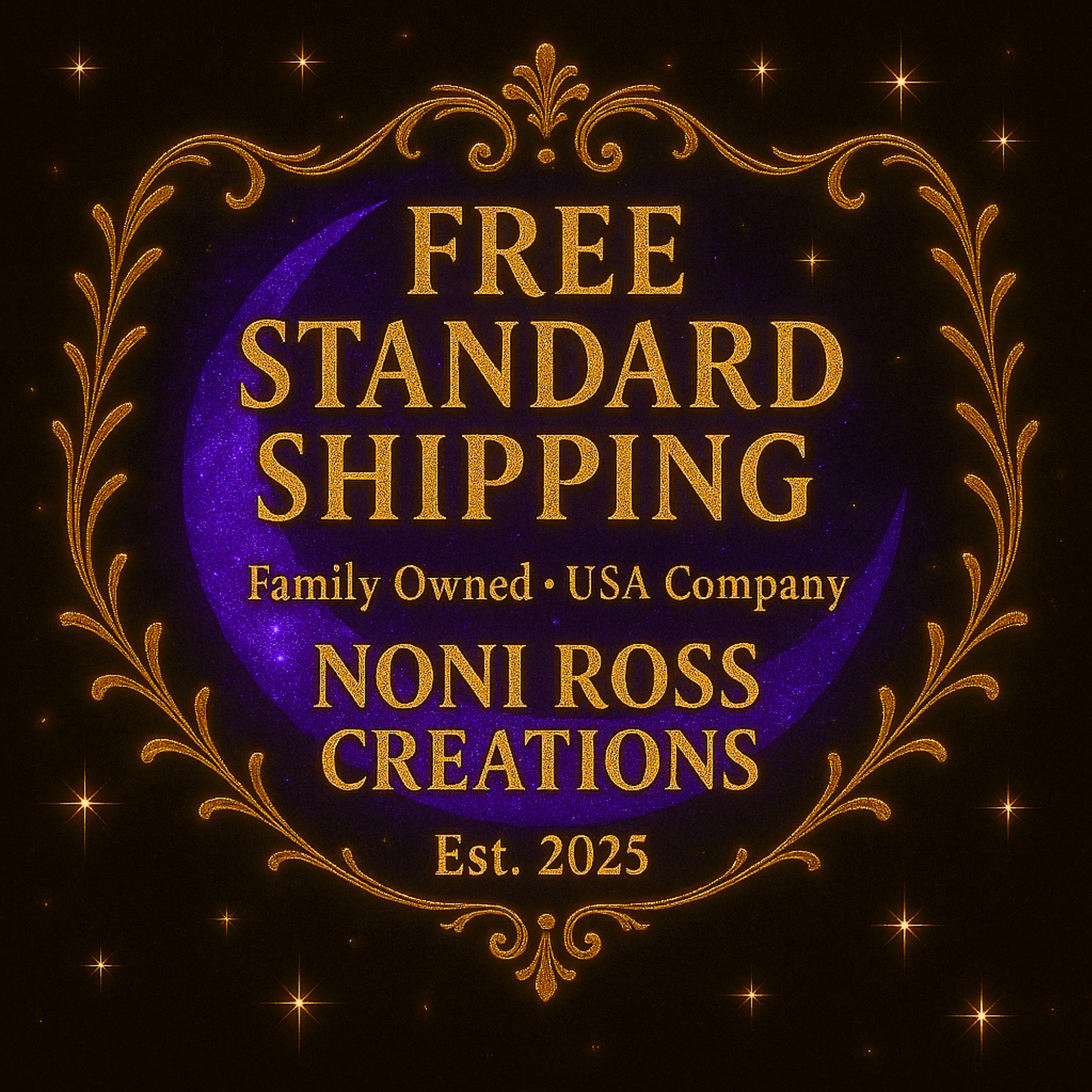 Noni Ross Creations Free Standard Shipping badge – black and gold design with free delivery promise