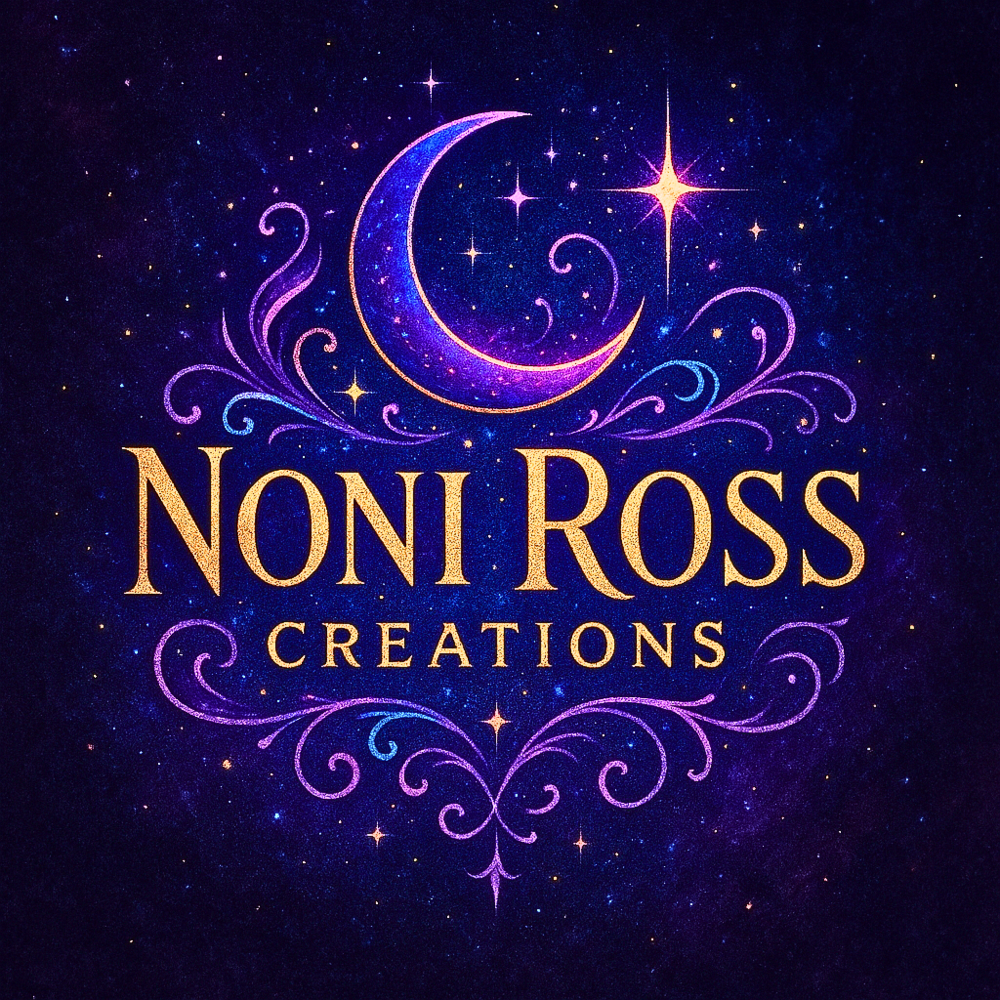 Noni Ross Creations moon and stars logo in mystical gold and purple design โ official NRC brand emblem