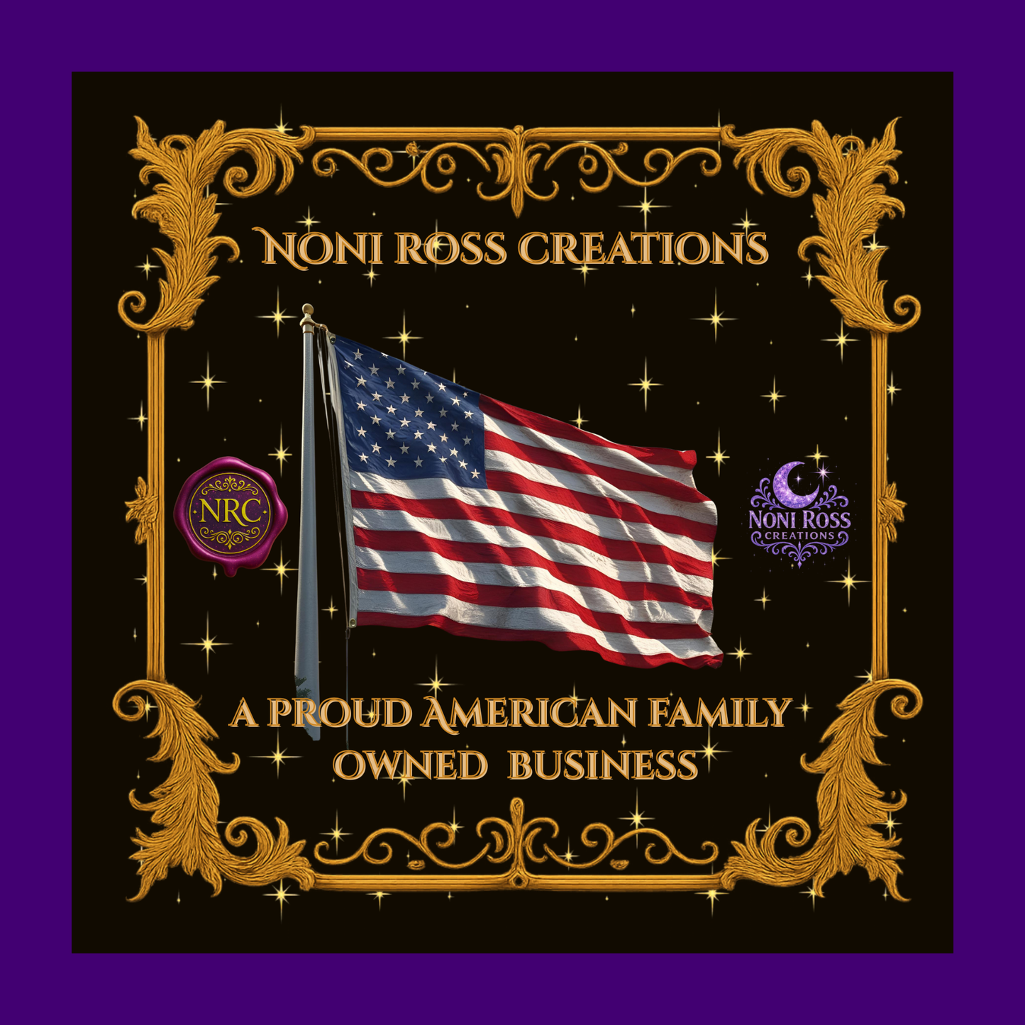 Noni Ross Creations Proudly Made in USA badge – patriotic emblem highlighting American craftsmanship