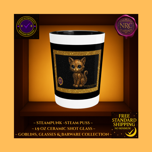 Detailed flat artwork of Steampunk Puss design featuring a bronze mechanical cat with gears and rivets on a black glitter background framed in gold — Goblins, Glasses & Barware Collection by Noni Ross Creations.