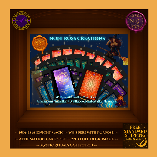 Second full-deck display of Whispers with Purpose cards—multi-color ornate borders, mystical starry background, NRC logo.