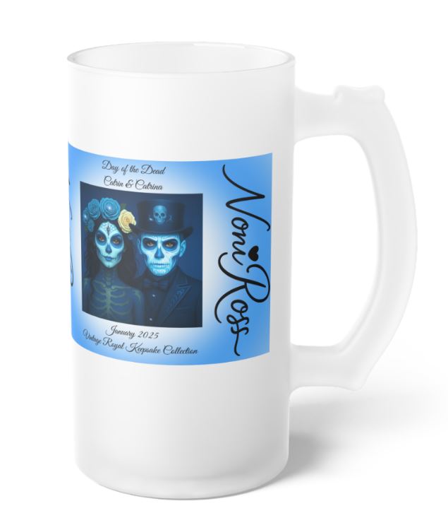 January Day of the Dead Couple Frosted Beer Stein 16oz – Blue Catrin & Catrina Vintage Keepsake Mug | Noni Ross Creations