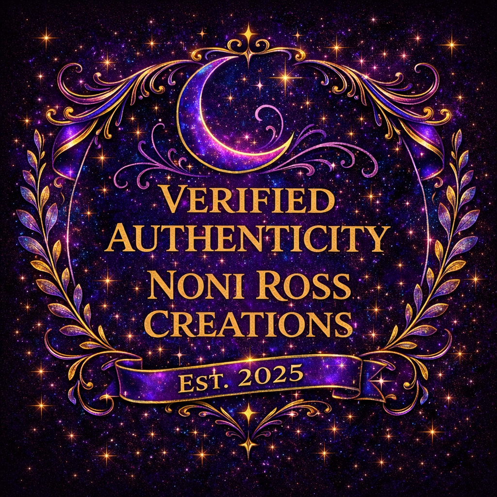 NRC verified authenticity badge with gold lettering, crescent moon, sparkling stars, and decorative scroll border on a deep purple celestial background, Noni Ross CreationsCreationsCreationsCreationsCreationsCreationsCreations Est 2025