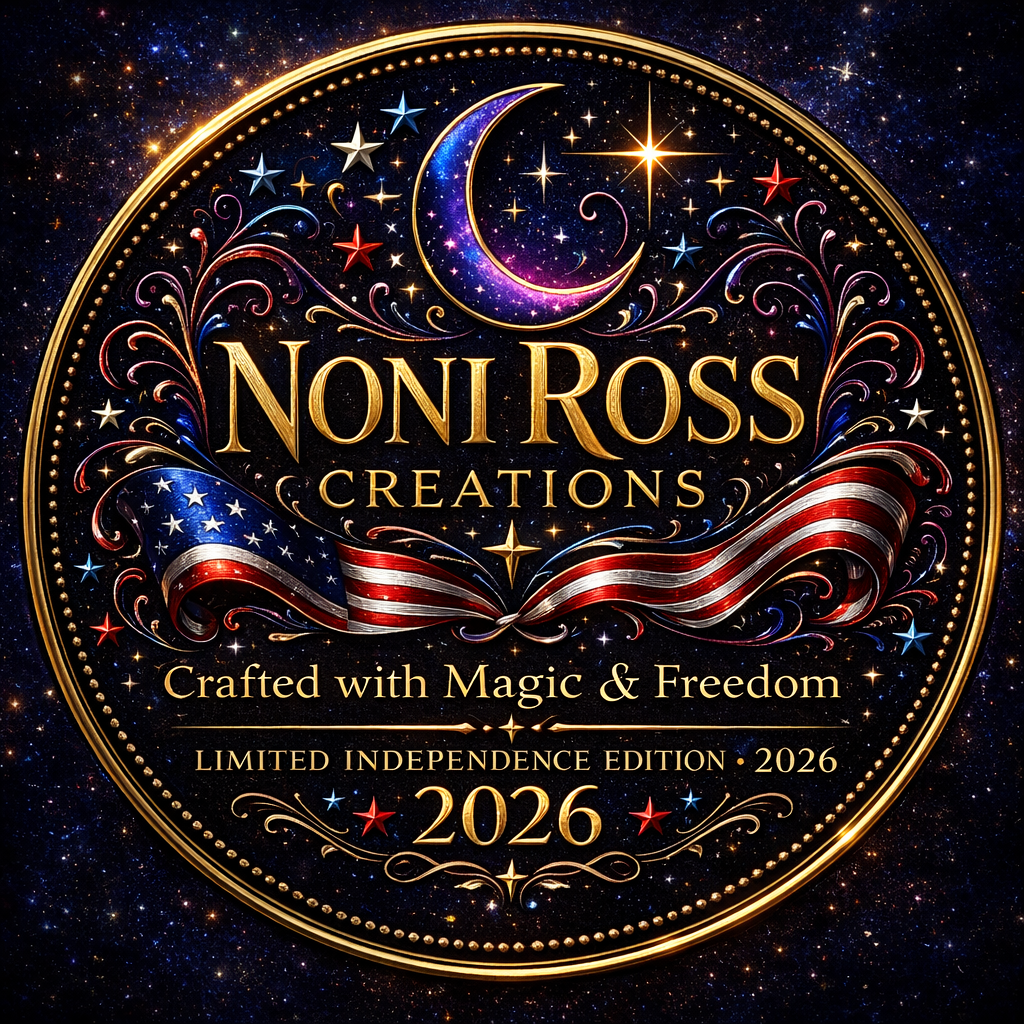 NRC limited independence edition 2026 badge with patriotic stars and stripes, crescent moon, gold typography, and circular emblem on a dark starry background, Noni Ross Creations