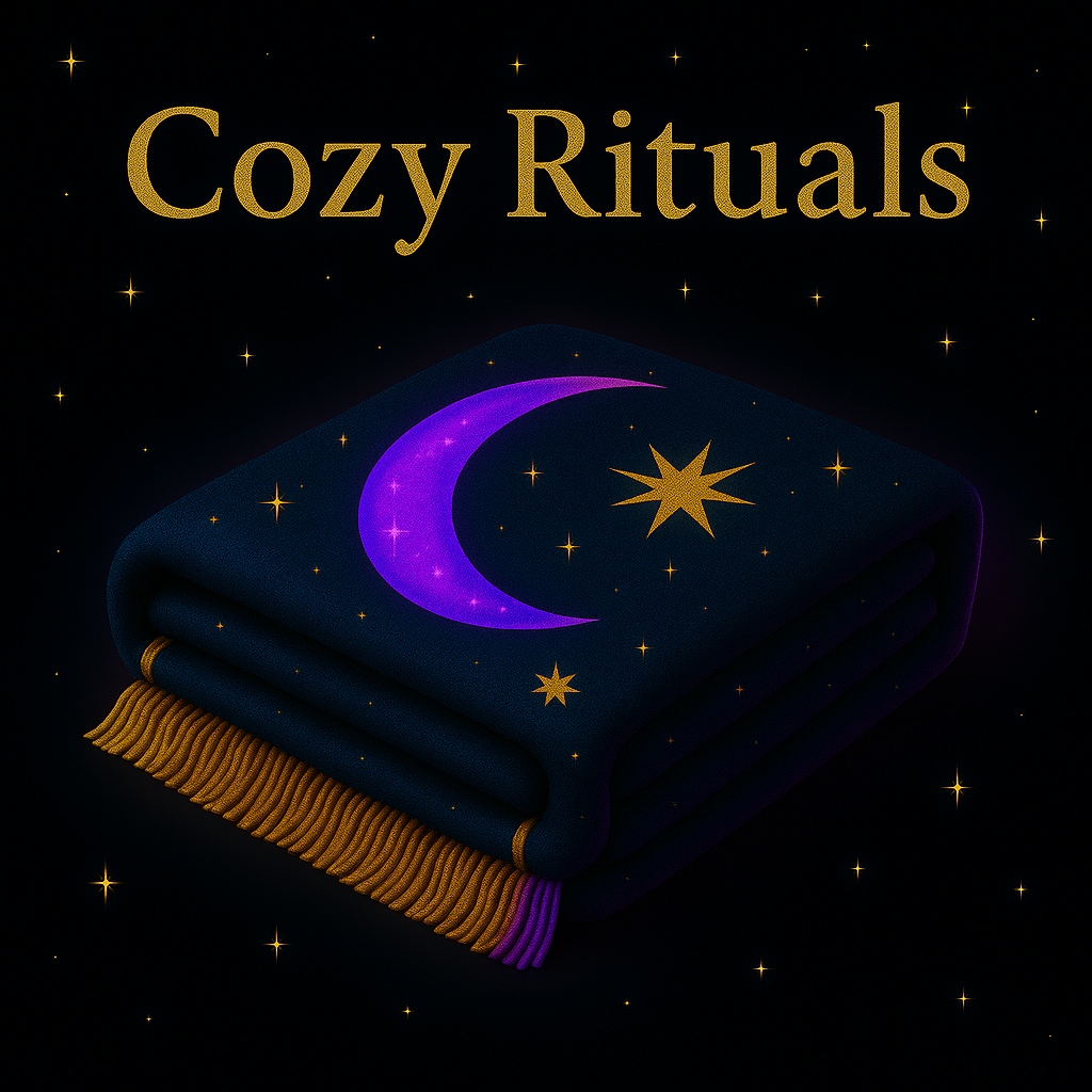 "Cozy Rituals Collection Badge – Elegant navy blue blanket with sparkling gold and purple star accents, folded against a black celestial background with gold title text"