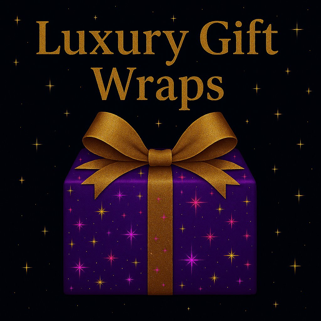 Luxury gift wrap collection banner with gold ribbon presents and starry night background, promoting Holiday Magic Papers by Noni Ross Creations.
