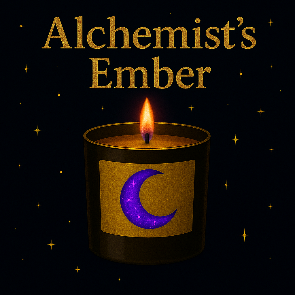 Back view of The Alchemist’s Ember candle by Noni Ross Creations, featuring a sleek black glass vessel with a glowing golden crescent moon label, set against a starlit midnight sky background.