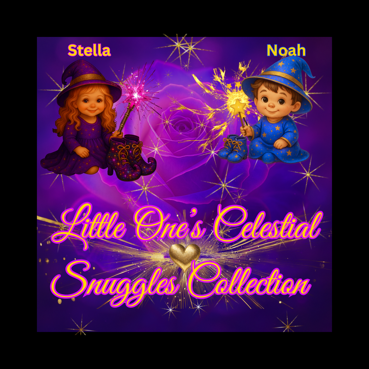 Celestial Snuggles collection banner featuring a sleeping baby on a crescent moon with purple sparkles, for Noni Ross Creations’ mystical baby apparel line
