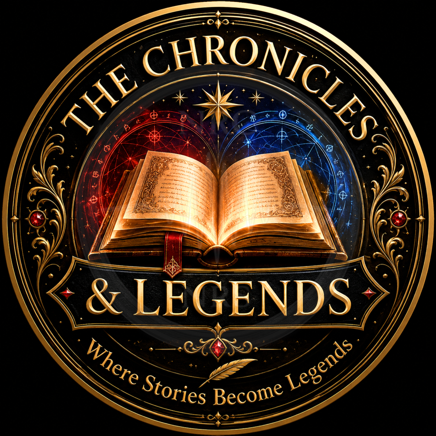 The Chronicles & Legends Collection™ badge by Noni Ross Creations featuring an illuminated open book, celestial symbols, red and blue magical circles, ornate gold filigree, gemstone accents, and the tagline “Where Stories Become Legends™.