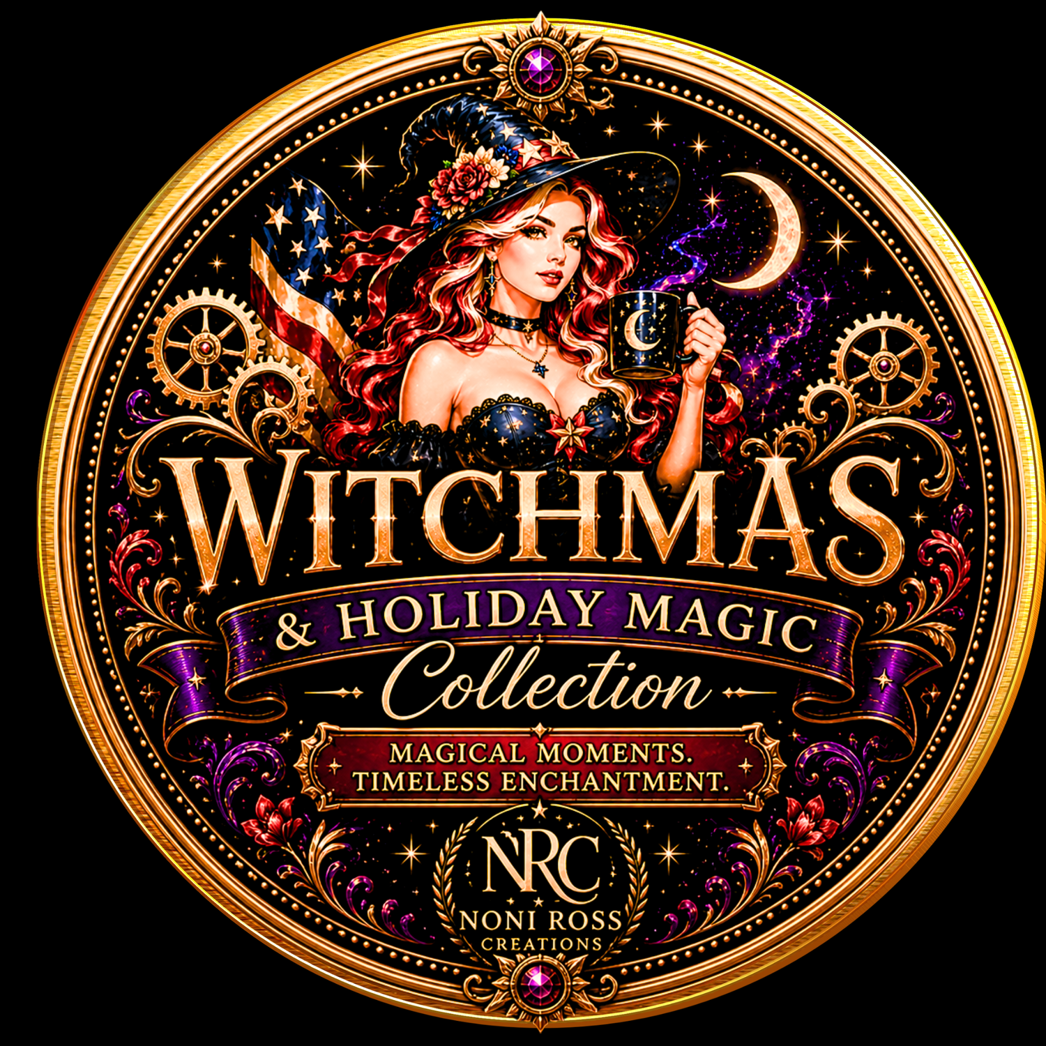 Mystic Mugs Collection badge featuring celestial witch with patriotic stars and moon holding coffee mug, gold circular luxury design by Noni Ross Creations