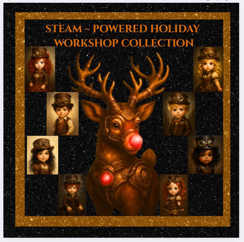 Steam-Powered Holiday Workshop Collection brand badge with mechanical reindeer and Sprocket Sprites by Noni Ross Creations