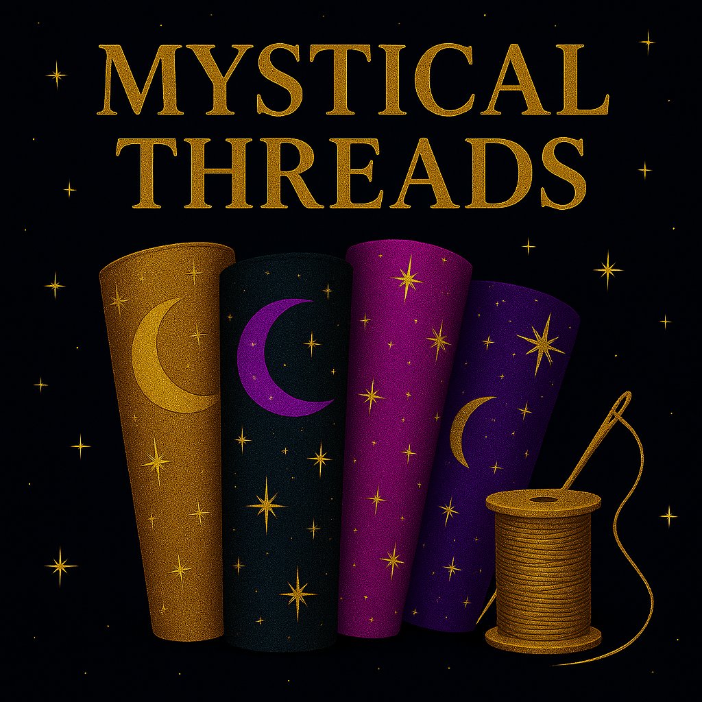 Celestial-themed banner with a mystical black softstyle t-shirt floating in a starry midnight sky, accented by glowing sparkles and magical moonlight — Mystical Threads Collection by Noni Ross Creations.