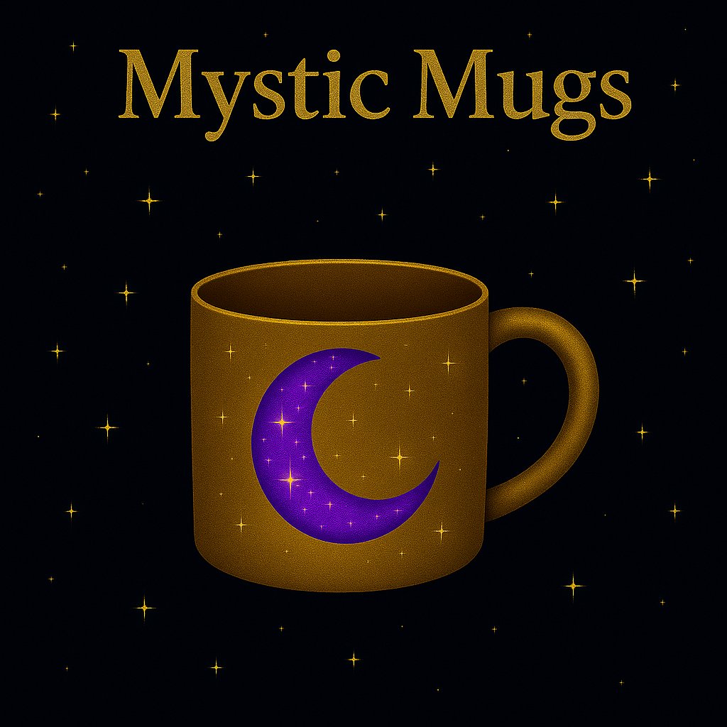 Mystic Mugs Collection banner featuring a sparkling purple glitter mug with celestial accents, from Noni Ross Creations magical drinkware line.