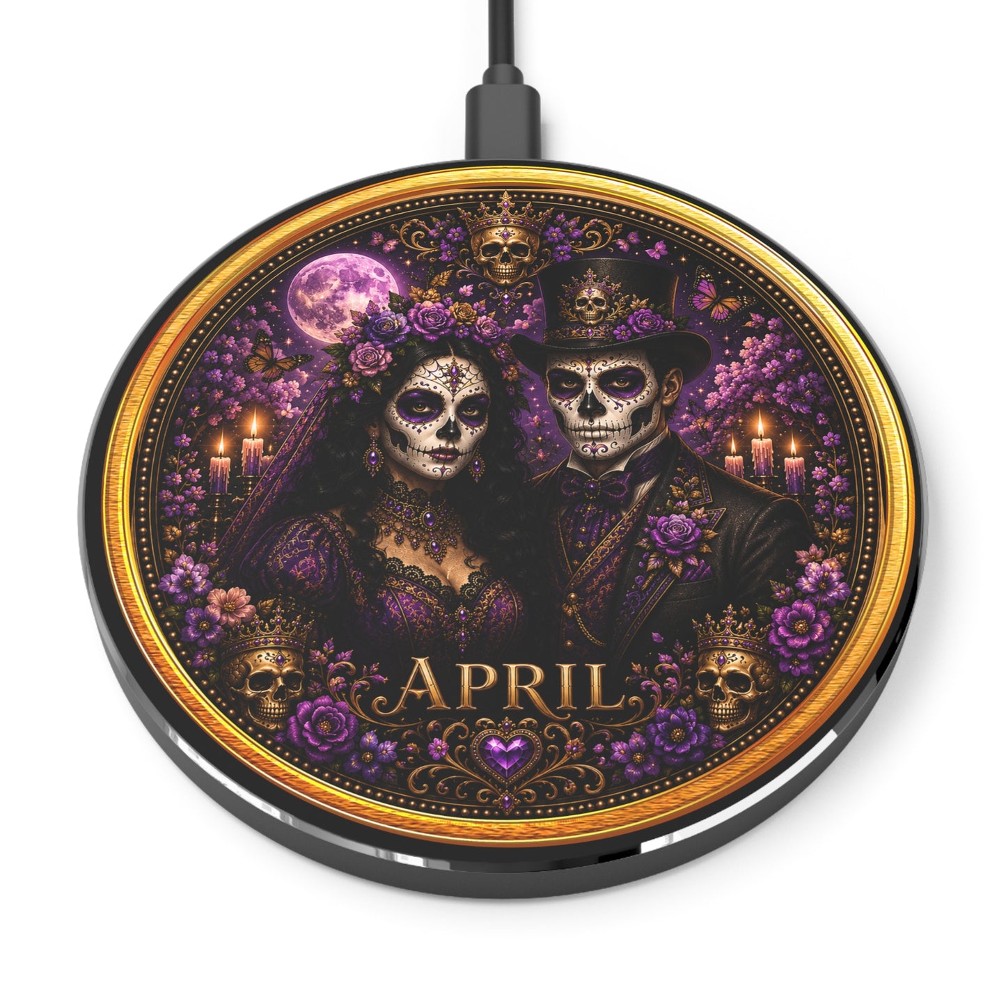 April Eternal Royals Wireless Charger 10W Violet Gold Skull Art | Noni Ross Creations
