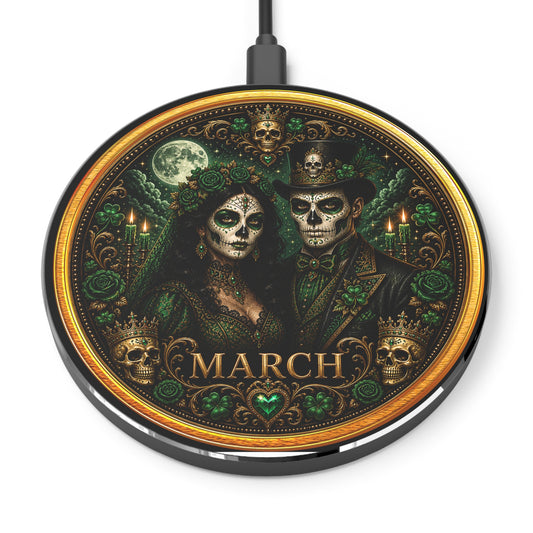 March Eternal Royals Wireless Charger 10W Emerald Gold Skull Art | Noni Ross Creations