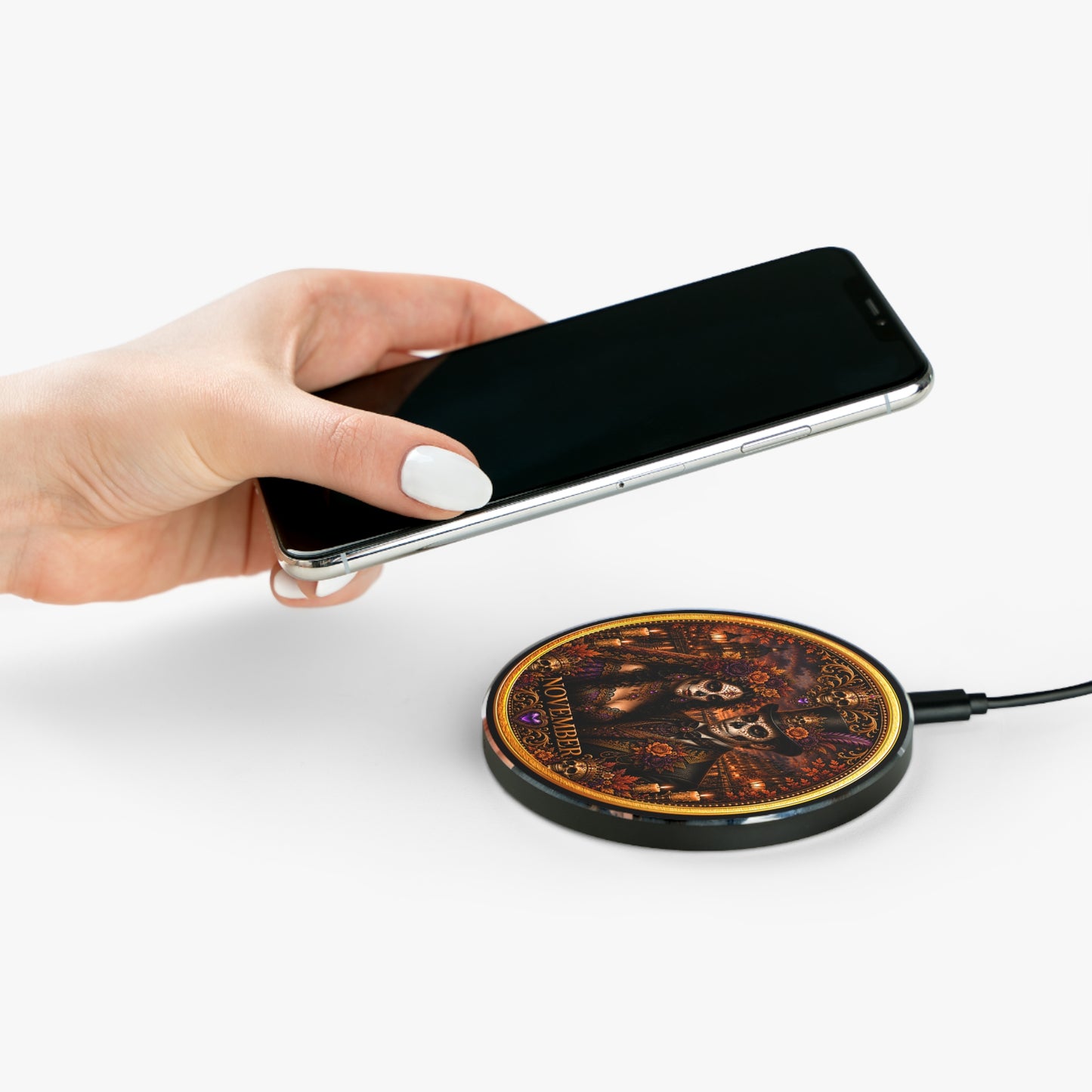 Eternal Royals November Wireless Charger | Gothic Skeleton Couple Qi Charging Pad | Dark Fantasy Desk Decor | Celestial Phone Charger