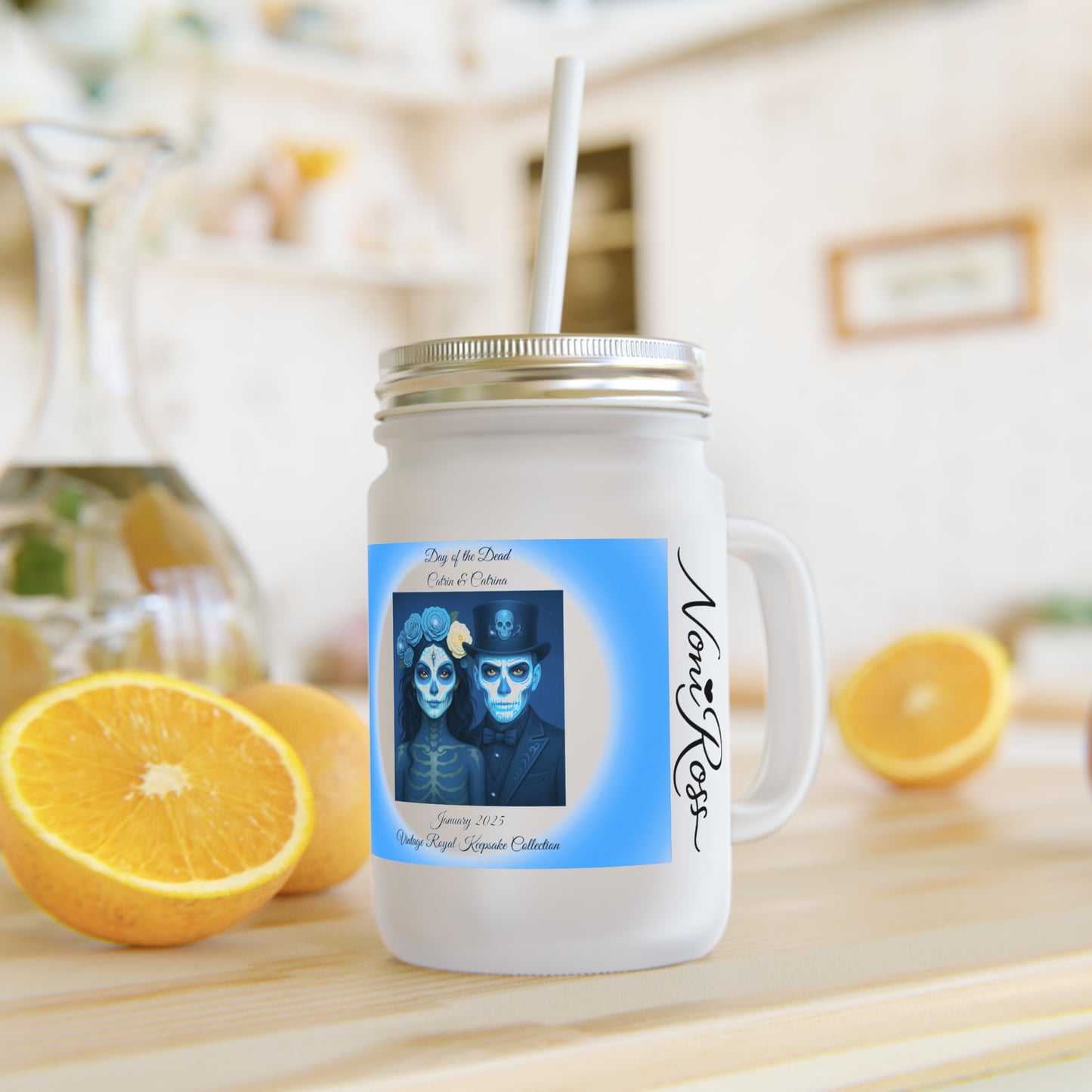 January Day of the Dead Couple Frosted Mason Jar 12oz with Lid & Straw – Blue Catrin & Catrina Drink Glass | Noni Ross Creations
