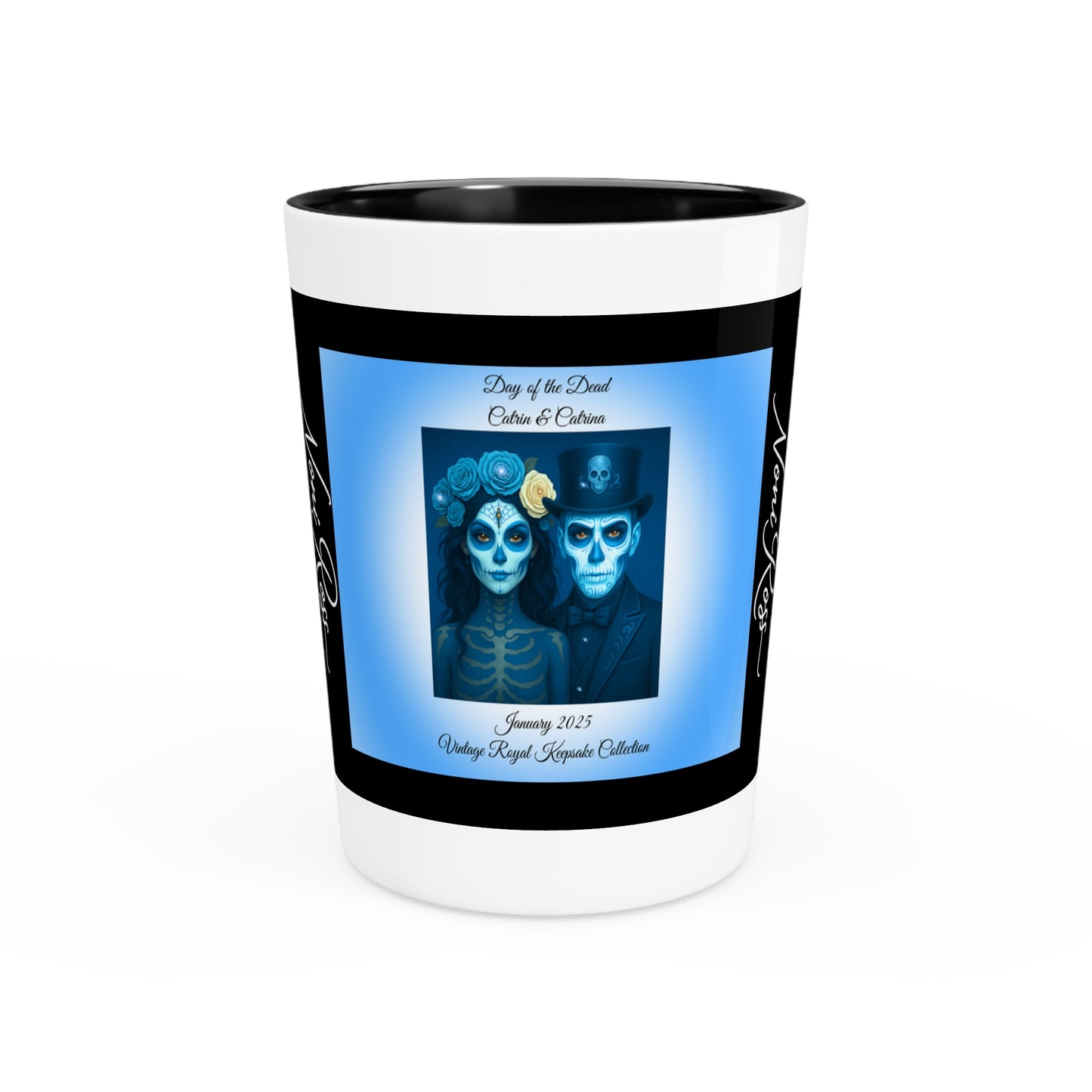 January Day of the Dead Couple Ceramic Shot Glass 1.9oz – Blue Catrin & Catrina Keepsake (Black or White Interior) | Noni Ross Creations
