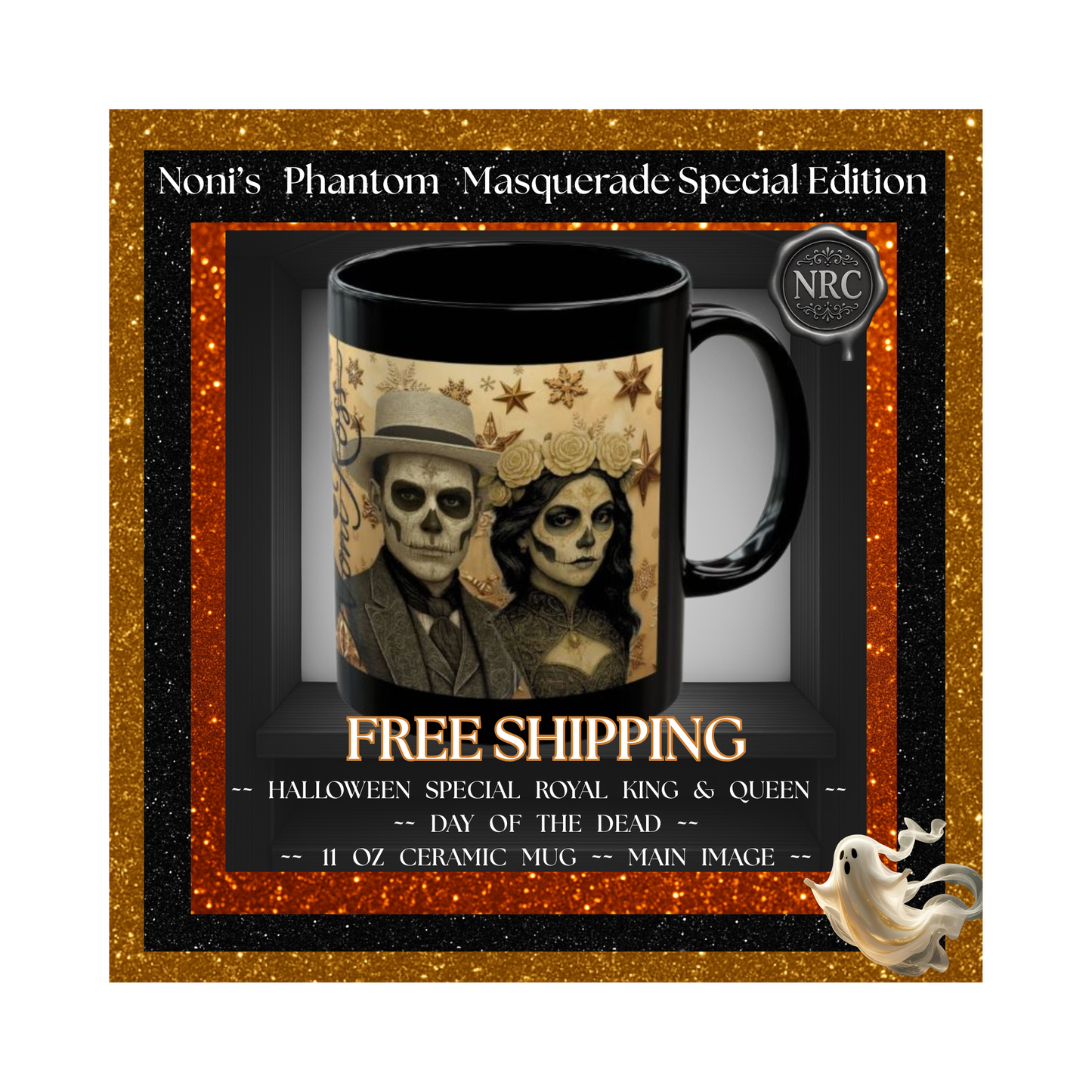 Royal Pair Halloween Mugs Set of 2 – Catrin & Catrina, Day of the Dead 11oz Ceramic, Dishwasher Safe, Free US Shipping | Noni Ross Creations