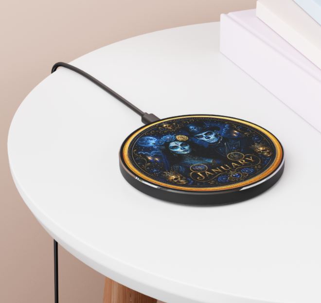 Eternal Royals January Wireless Charger | Gothic Skeleton Couple Qi Charging Pad | Dark Fantasy Desk Decor | Celestial Phone Charger