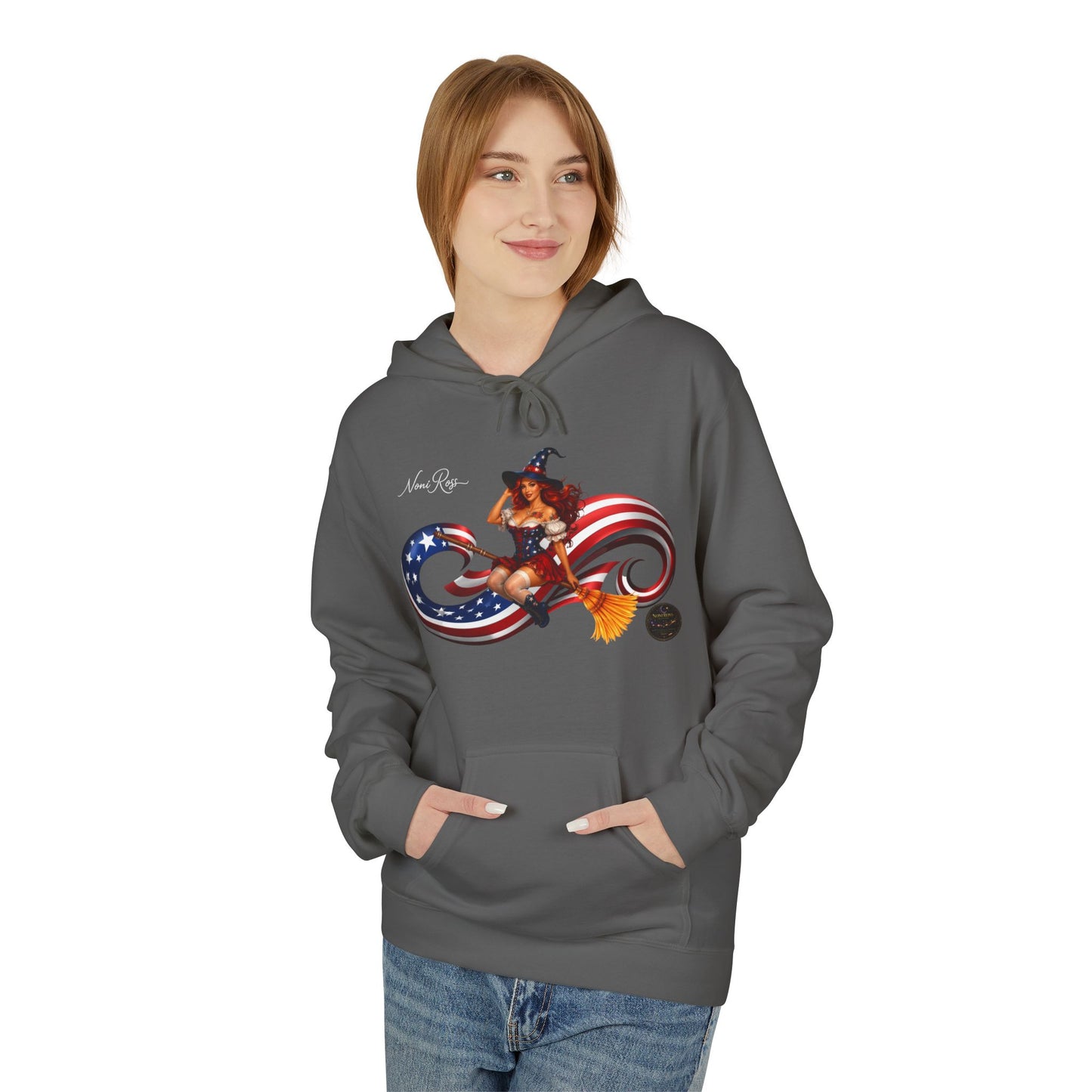 Patriotic Witch Infinity Flag Hoodie – Vintage Pinup Fleece Pullover | Noni Ross Creations