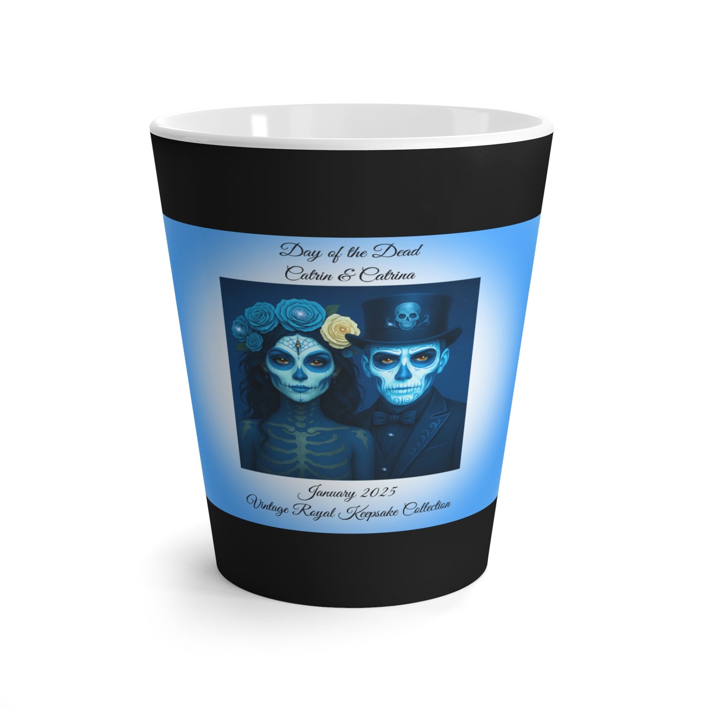 January Day of the Dead Couple Latte Mug 12oz – Blue Catrin & Catrina Vintage Keepsake Coffee Cup | Noni Ross Creations