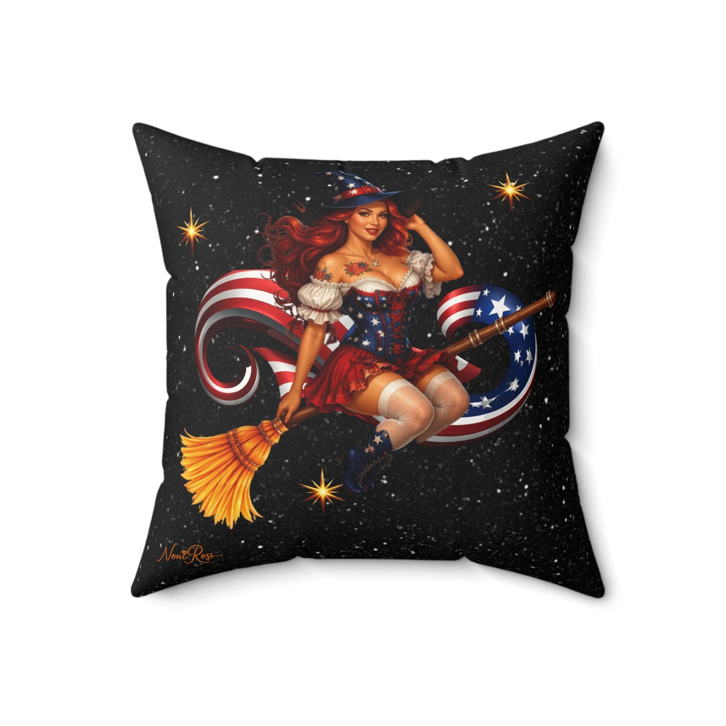 Patriotic Witch Pillow 16x16 Black Star Accent | Noni Ross Creations