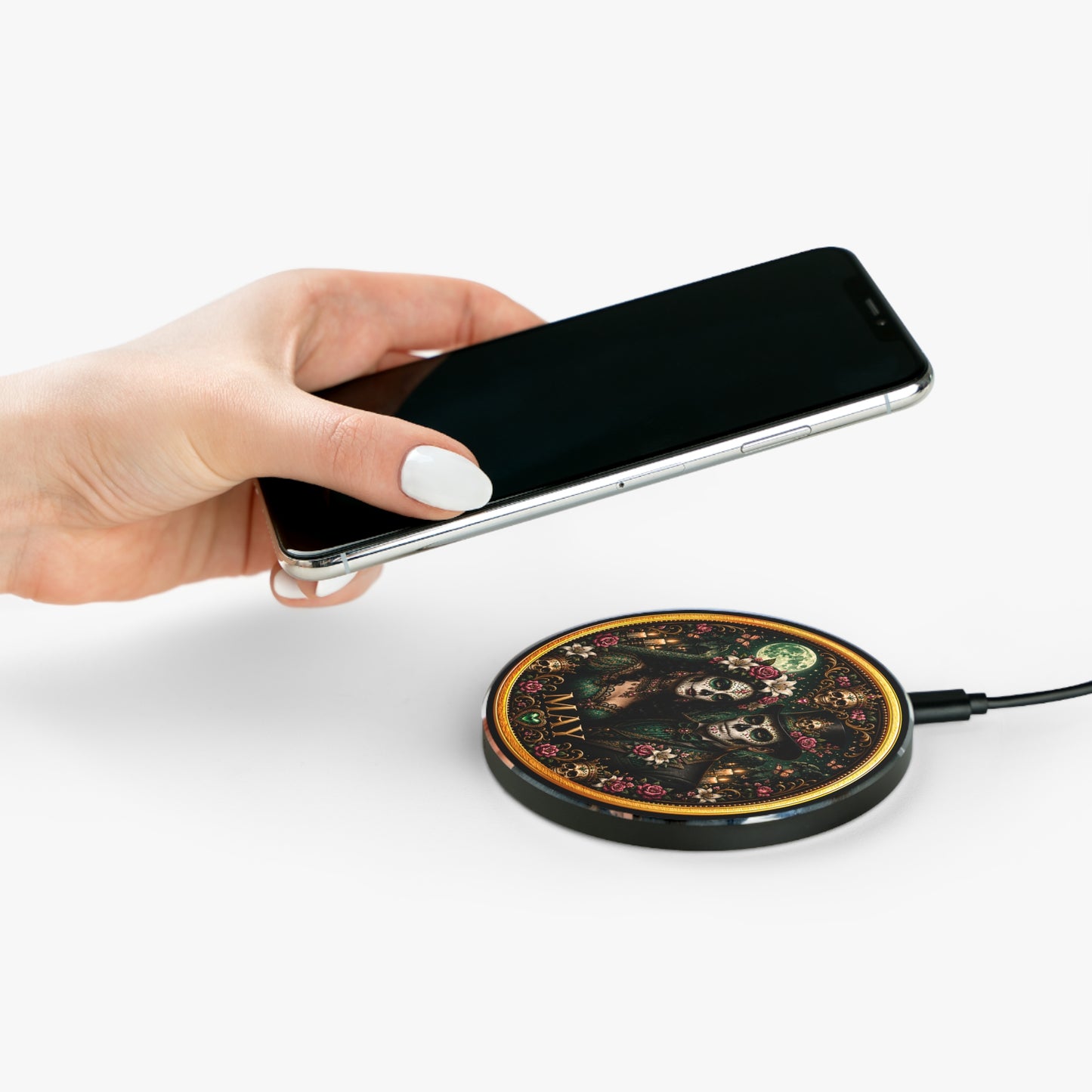 Eternal Royals May Wireless Charger | Gothic Skeleton Couple Qi Charging Pad | Dark Fantasy Desk Decor | Celestial Phone Charger