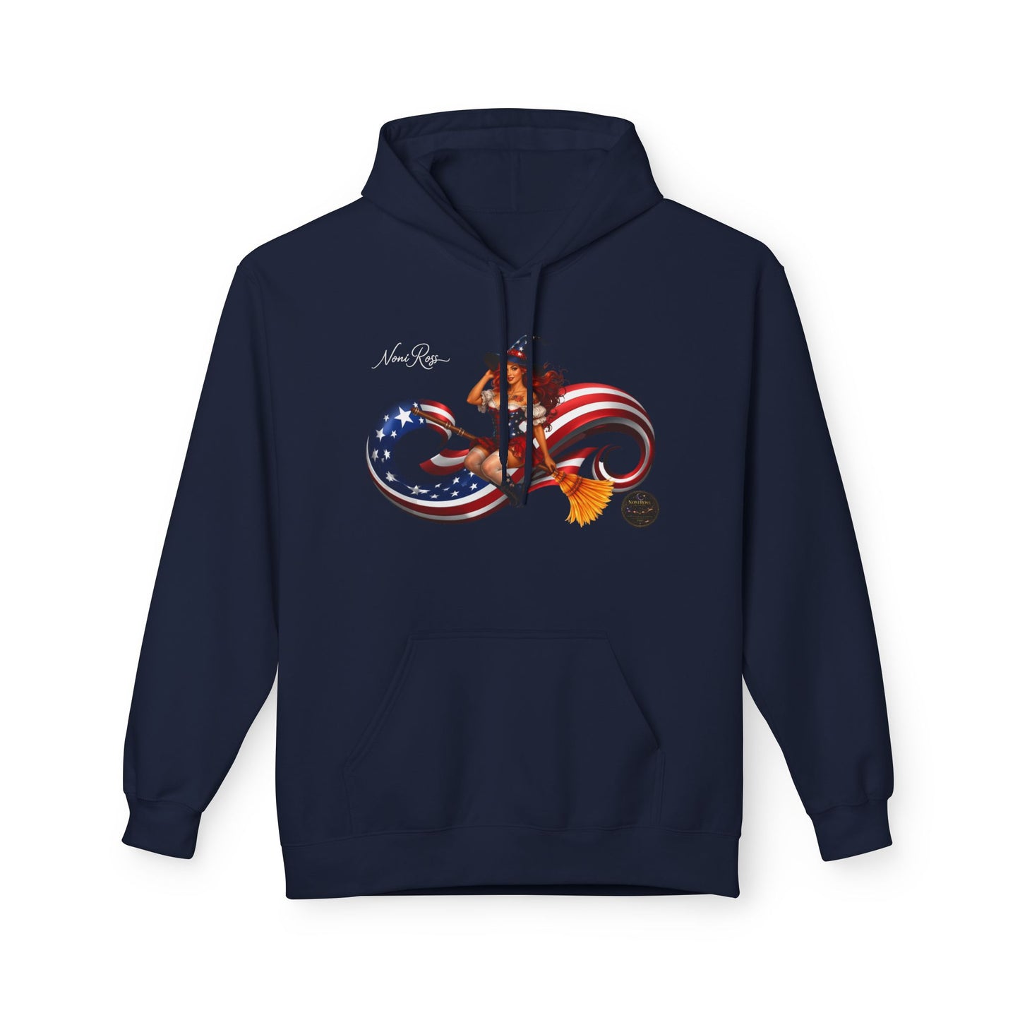 Patriotic Witch Infinity Flag Hoodie – Vintage Pinup Fleece Pullover | Noni Ross Creations