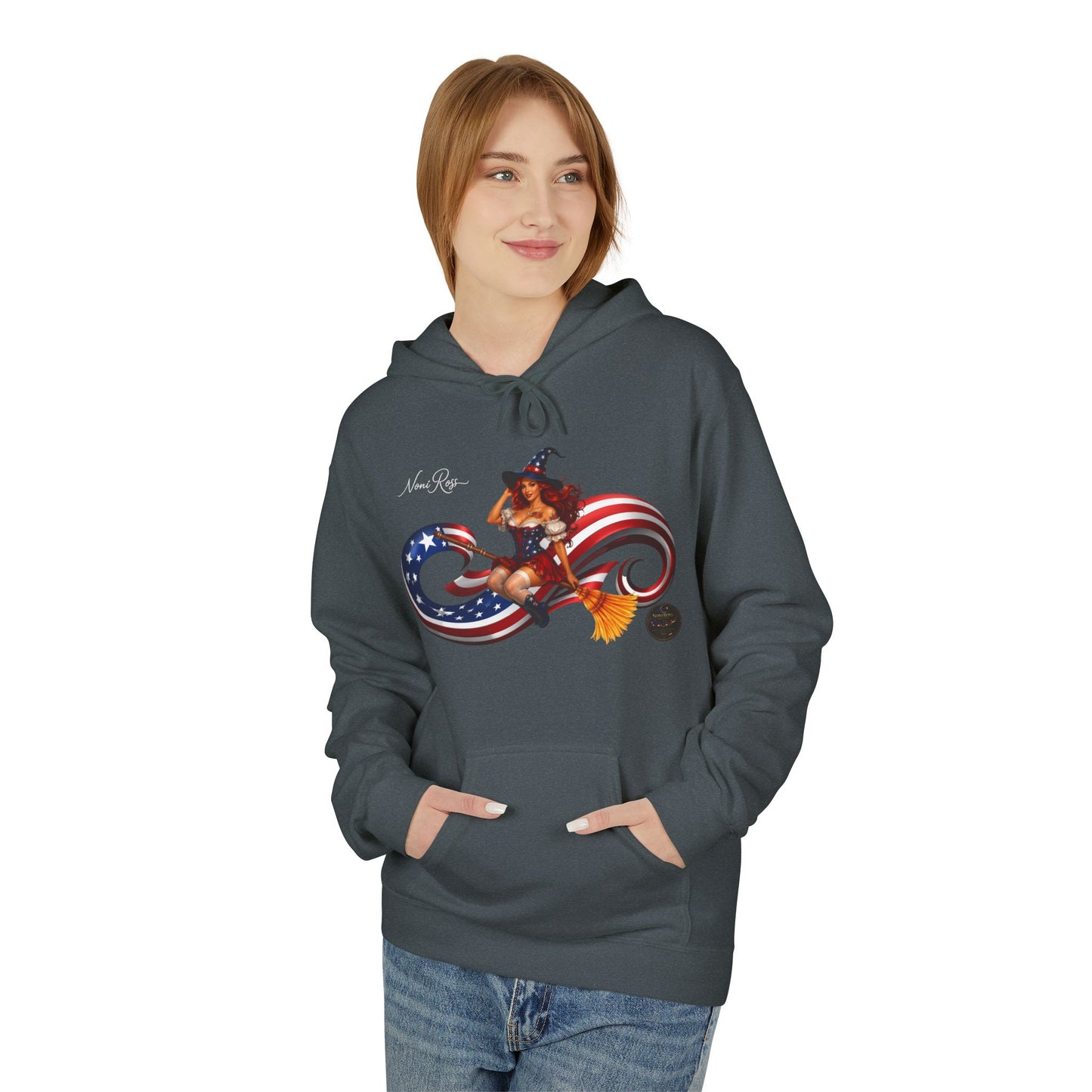 Patriotic Witch Infinity Flag Hoodie – Vintage Pinup Fleece Pullover | Noni Ross Creations