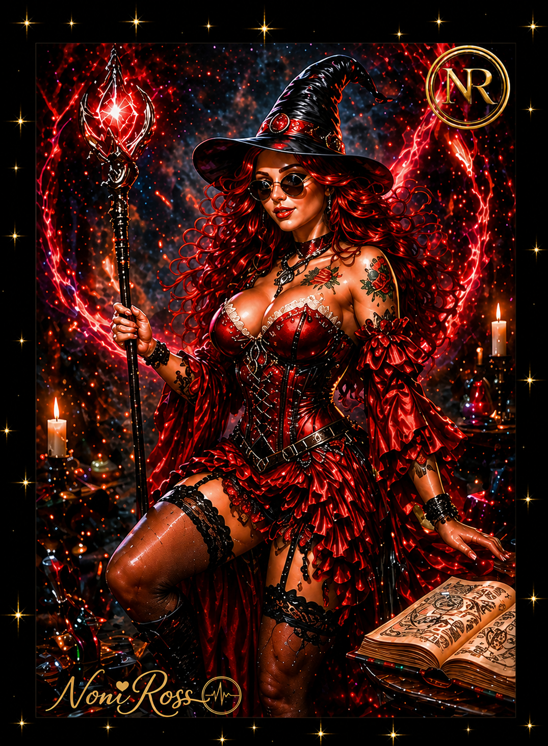 Crimson Spellcaster witch artwork by Noni Ross featuring a red-haired sorceress in a glowing ruby corset holding a magical staff, surrounded by fiery energy, candles, and celestial magic symbols