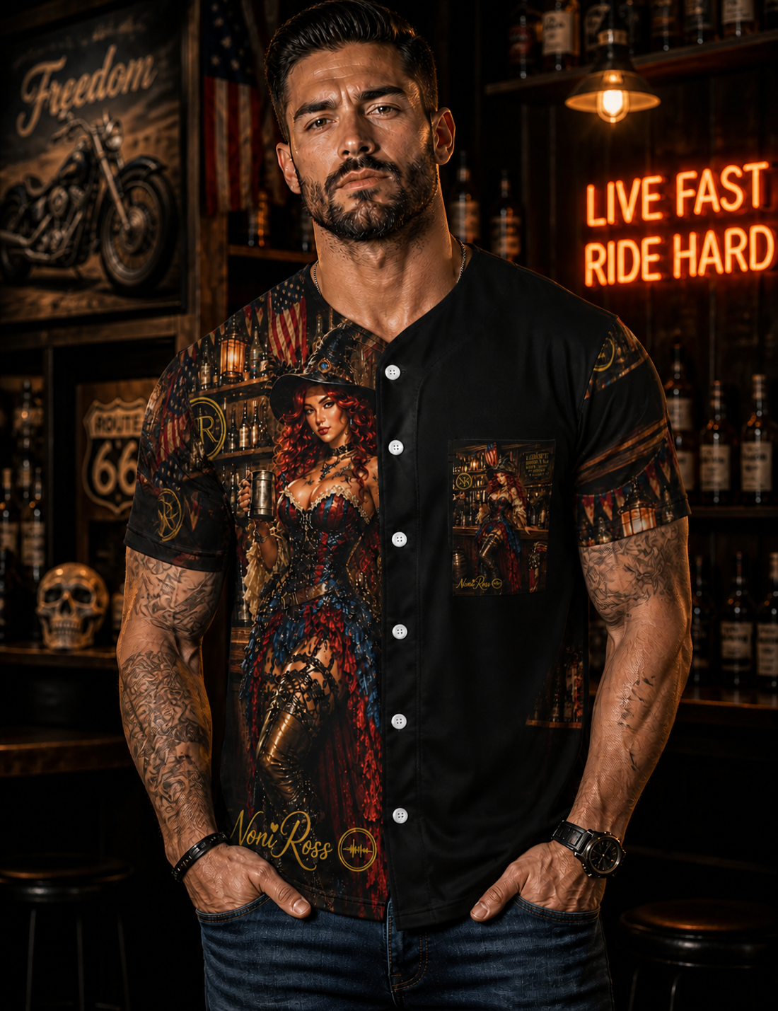 Male model wearing Noni Limited Independence Jersey 2026 front view with bold patriotic steampunk artwork, black and gold button-up jersey with detailed character design