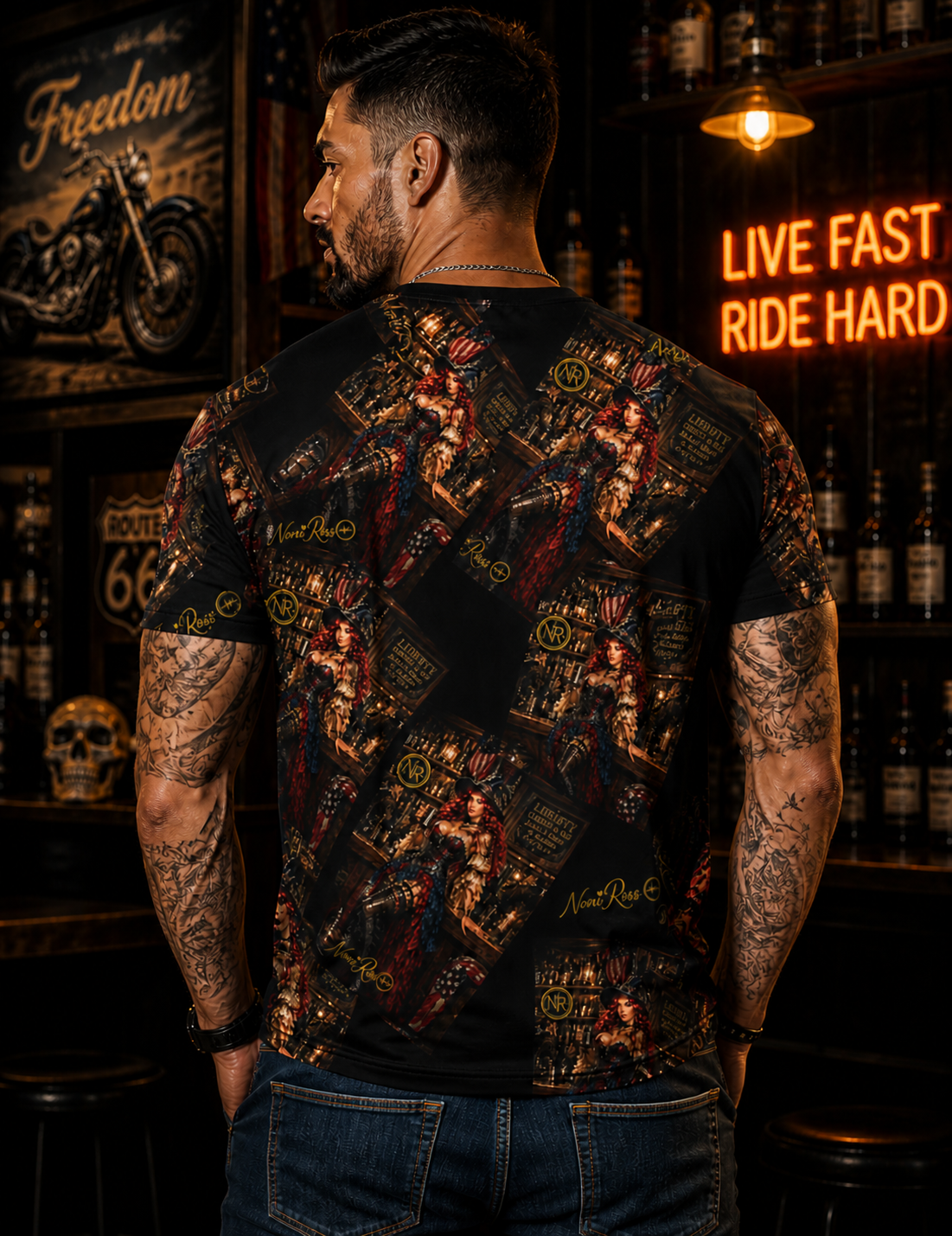 Male model back view of Noni Limited Independence Jersey 2026 showcasing full all-over print design with repeating steampunk patriotic artwork and dark premium fabric