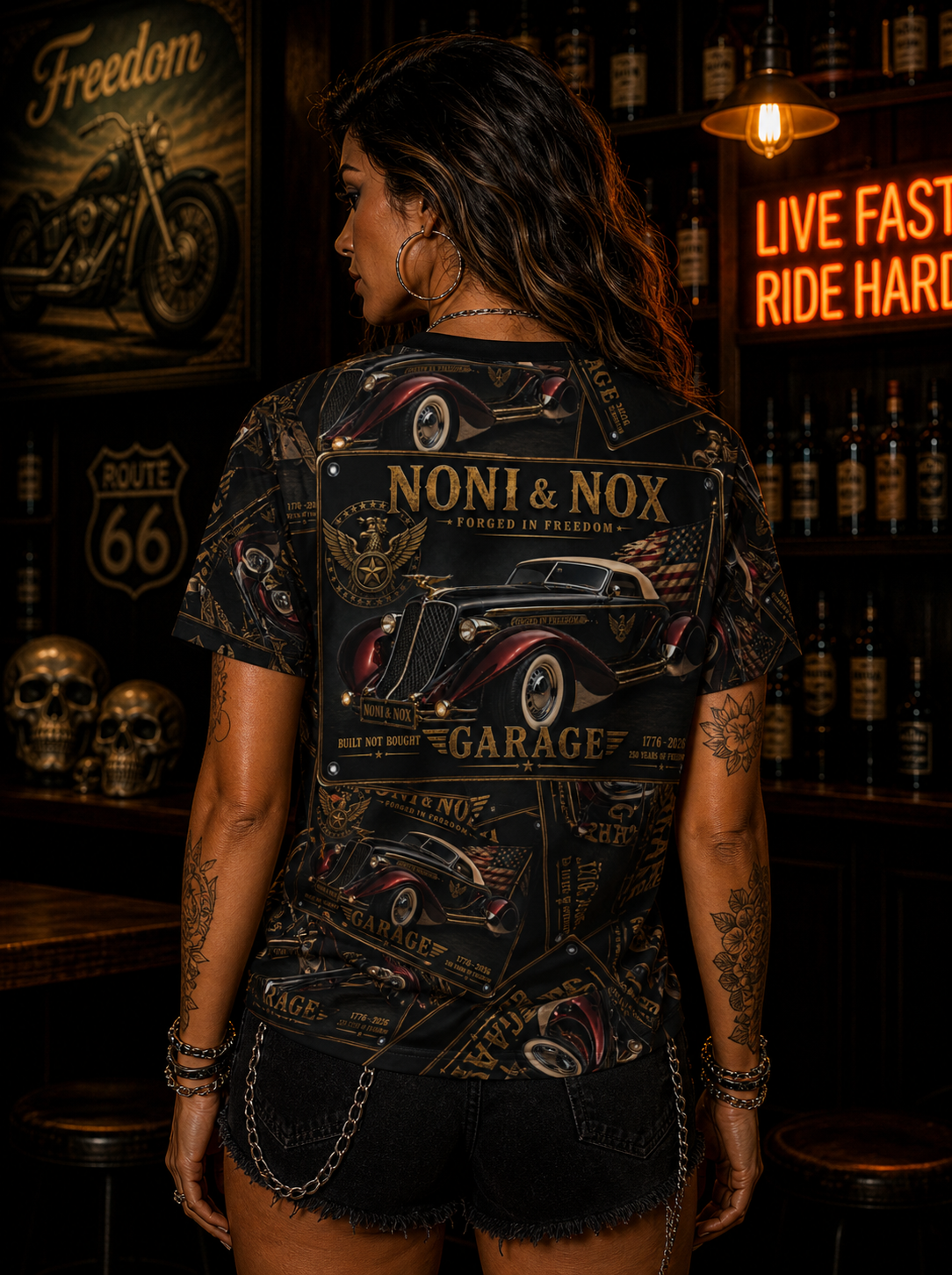 Female model back view displaying full pattern Auburn Speedster jersey with repeating vintage car and patriotic elements