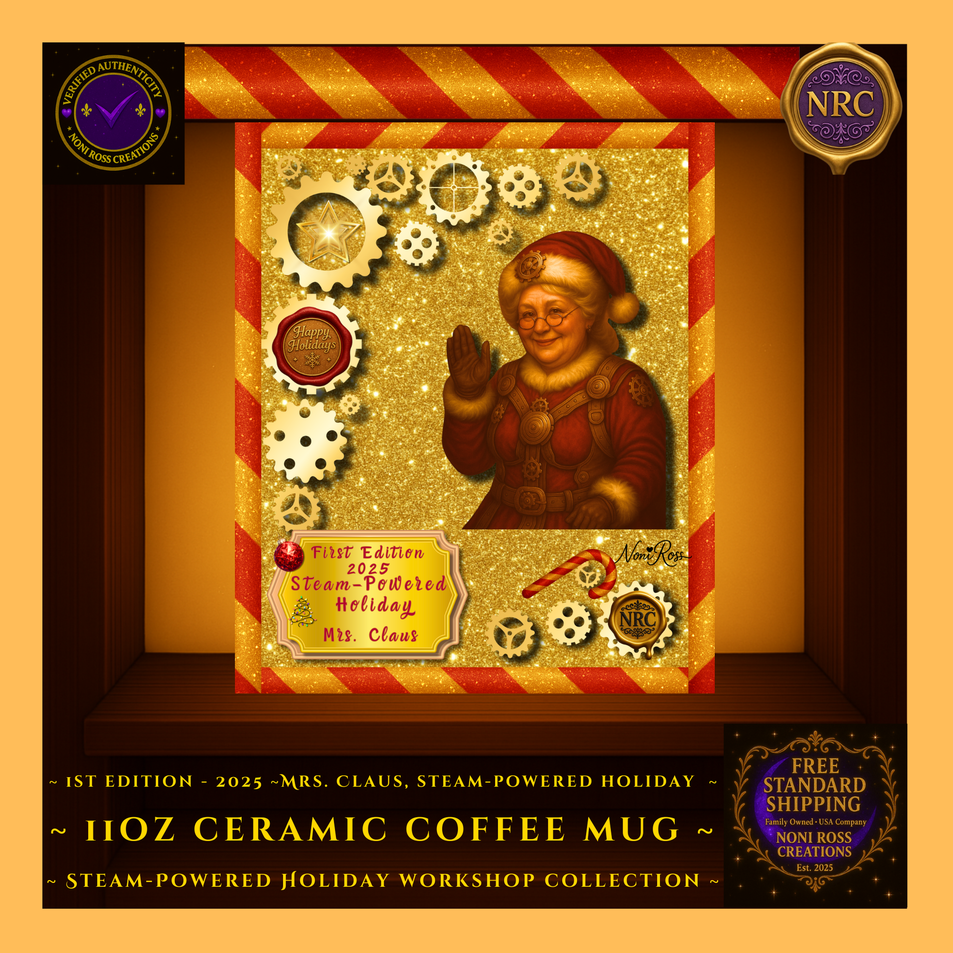 Close-up of Mrs. Claus steampunk holiday artwork with glowing golden gears on the 1st Edition collector mug