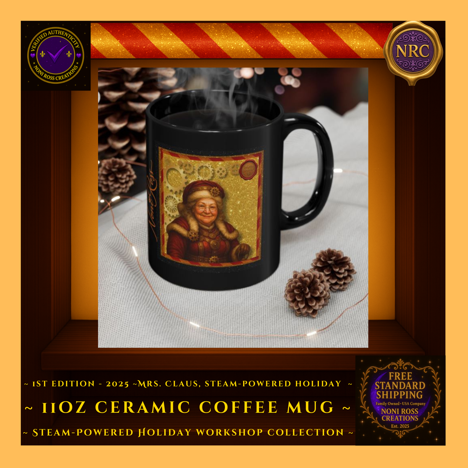 Mrs. Claus 1st Edition holiday mug displayed in a festive gold cubby with steampunk gears