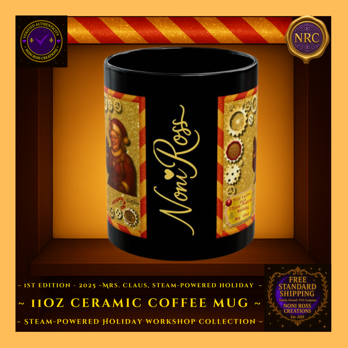 Noni Ross Creations signature detail on the 1st Edition Mrs. Claus steampunk holiday mug