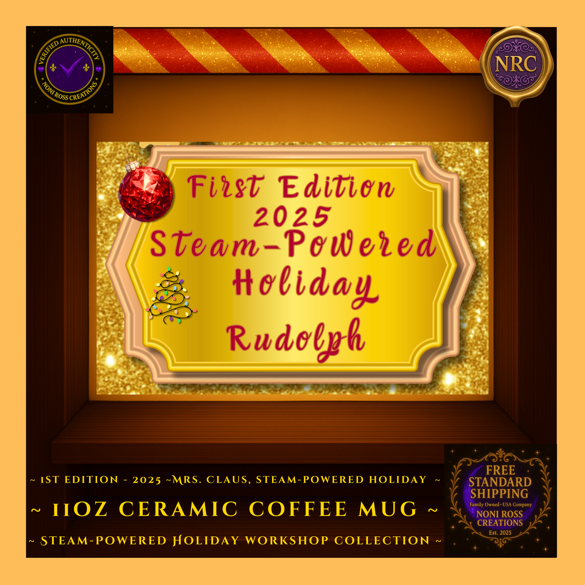 Gold Cubby Close-Up – First Edition 2025 gold holiday nameplate for Rudolph mug with festive lettering and ornament badge