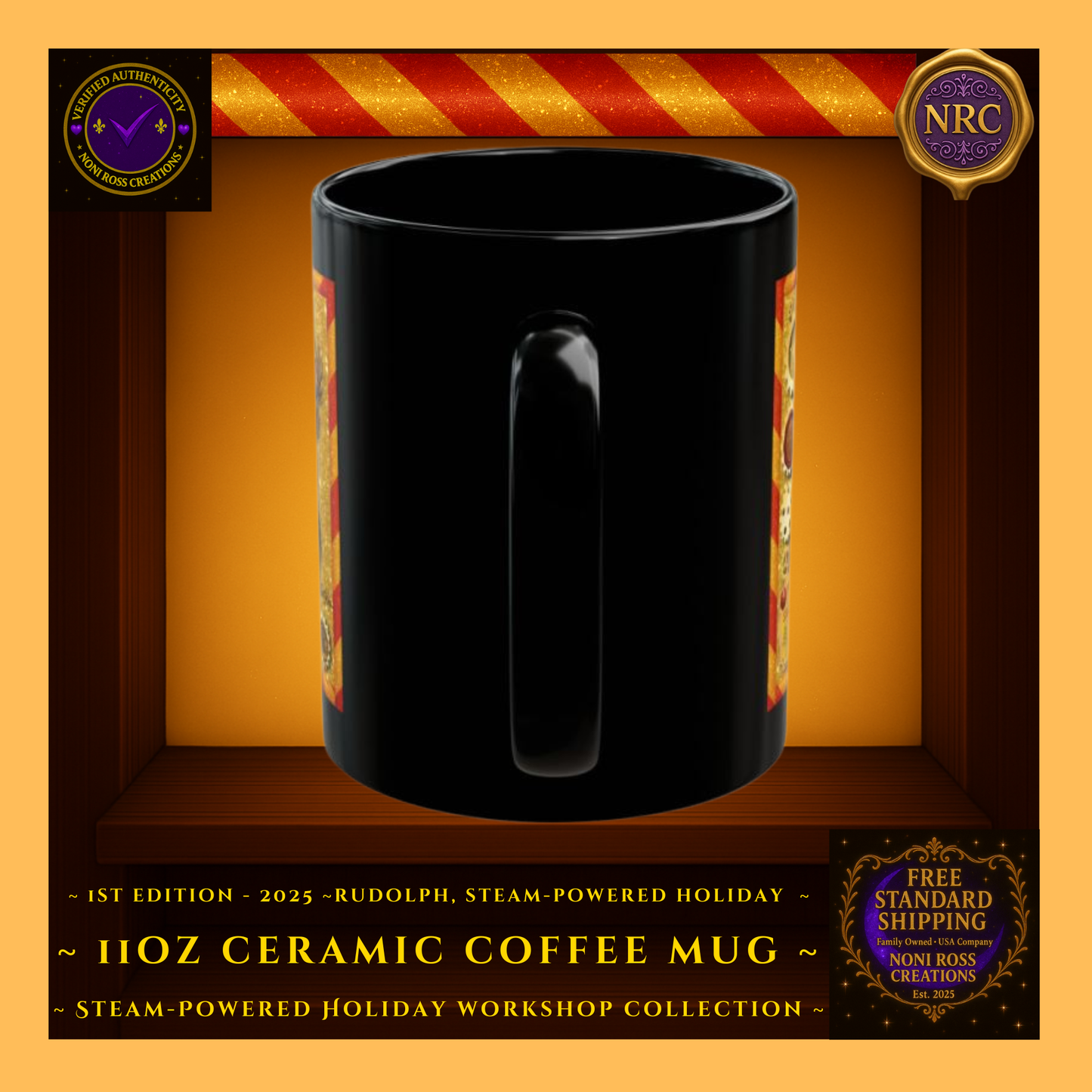 Handle View Gold Cubby – Black ceramic handle with holiday artwork edge and branding accent for Rudolph mug