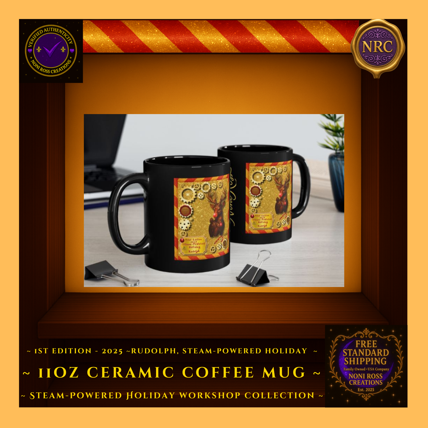 Lifestyle Image 1 Gold Cubby – Rudolph First Edition mug displayed in holiday setting with warm festive décor