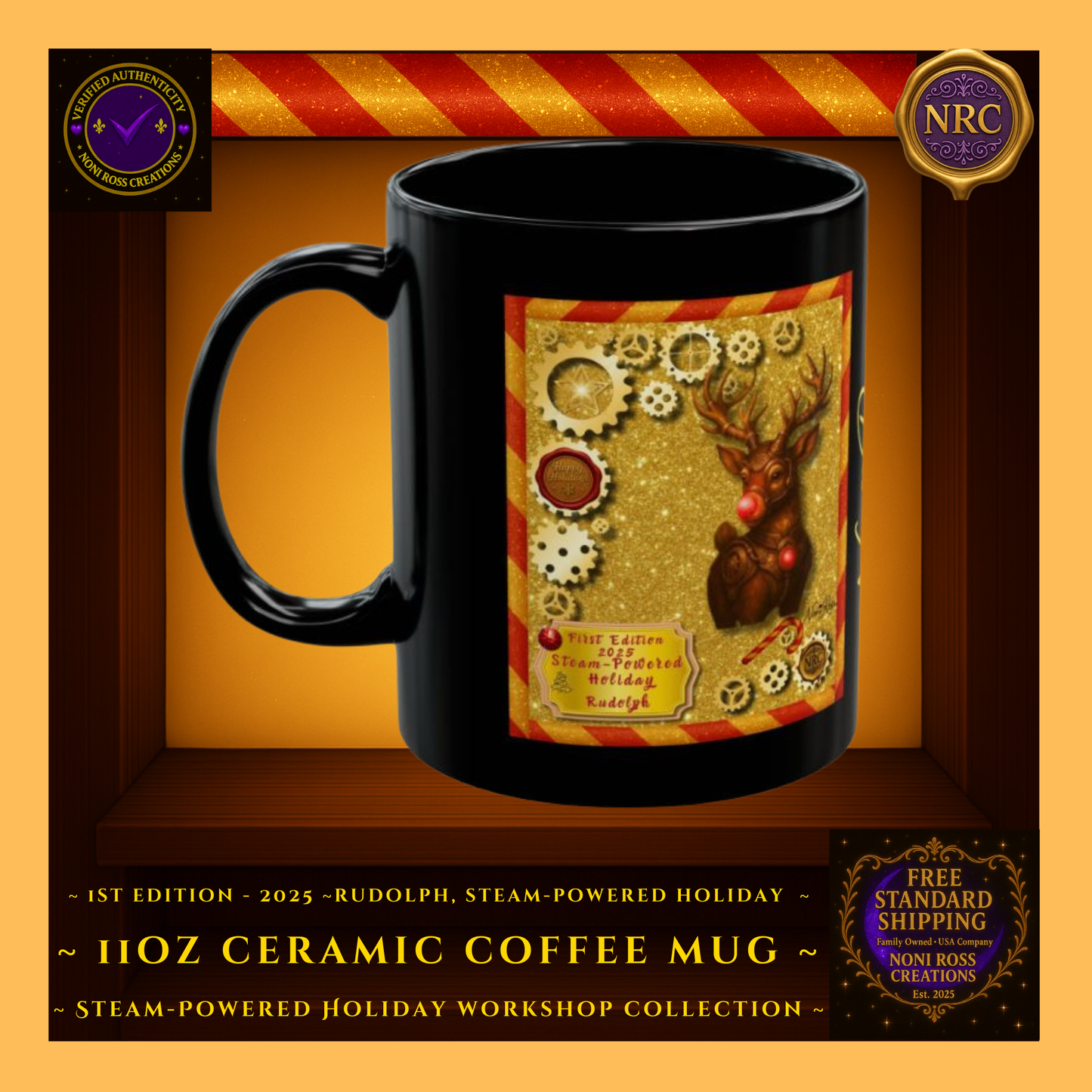 Left Side Gold Cubby – Rudolph 1st Edition mug showing artwork wrap, golden gears, and textured holiday frame