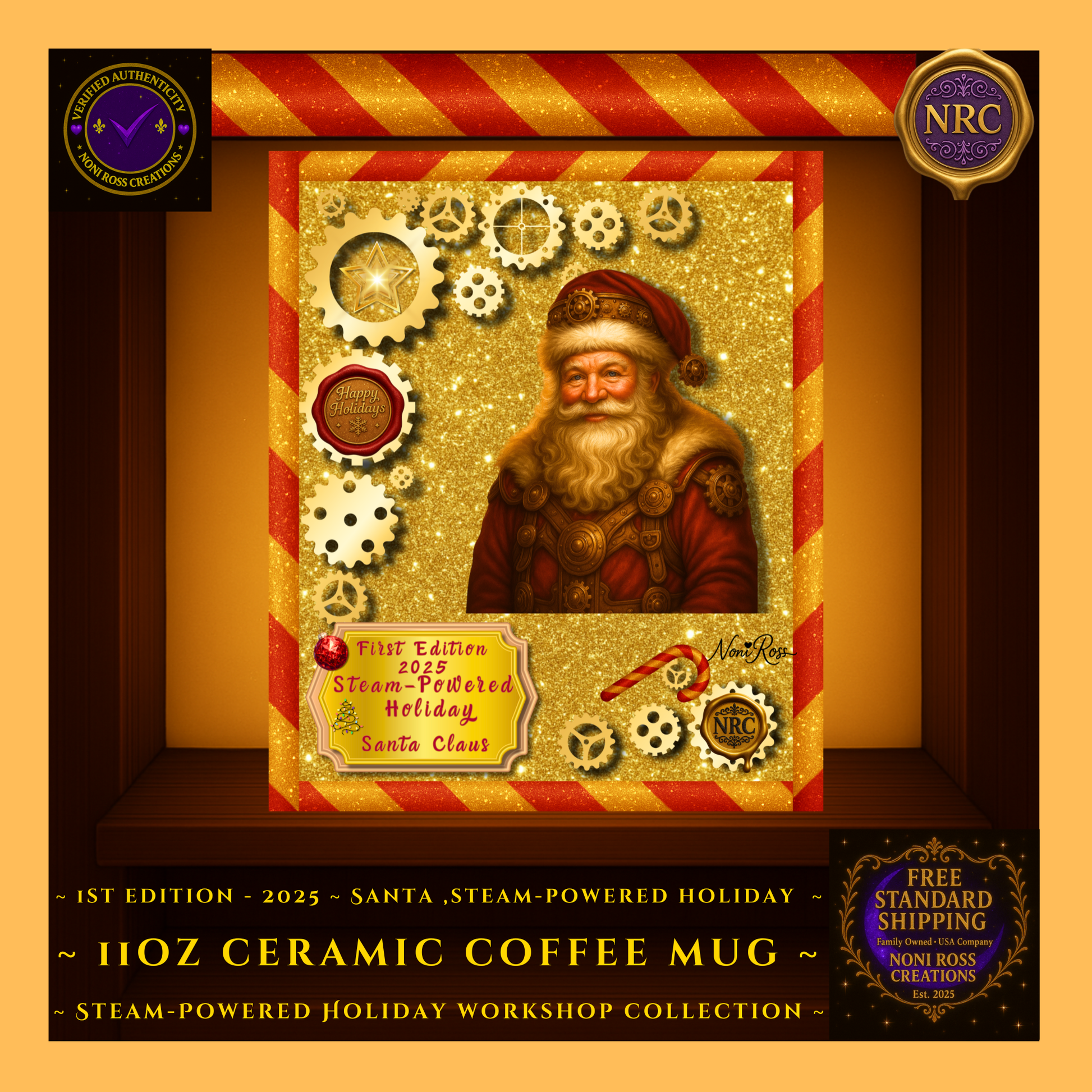 Close up gold cubby view of the First Edition 2025 Steam-Powered Santa artwork showing his face, gears, and detailed steampunk Christmas design