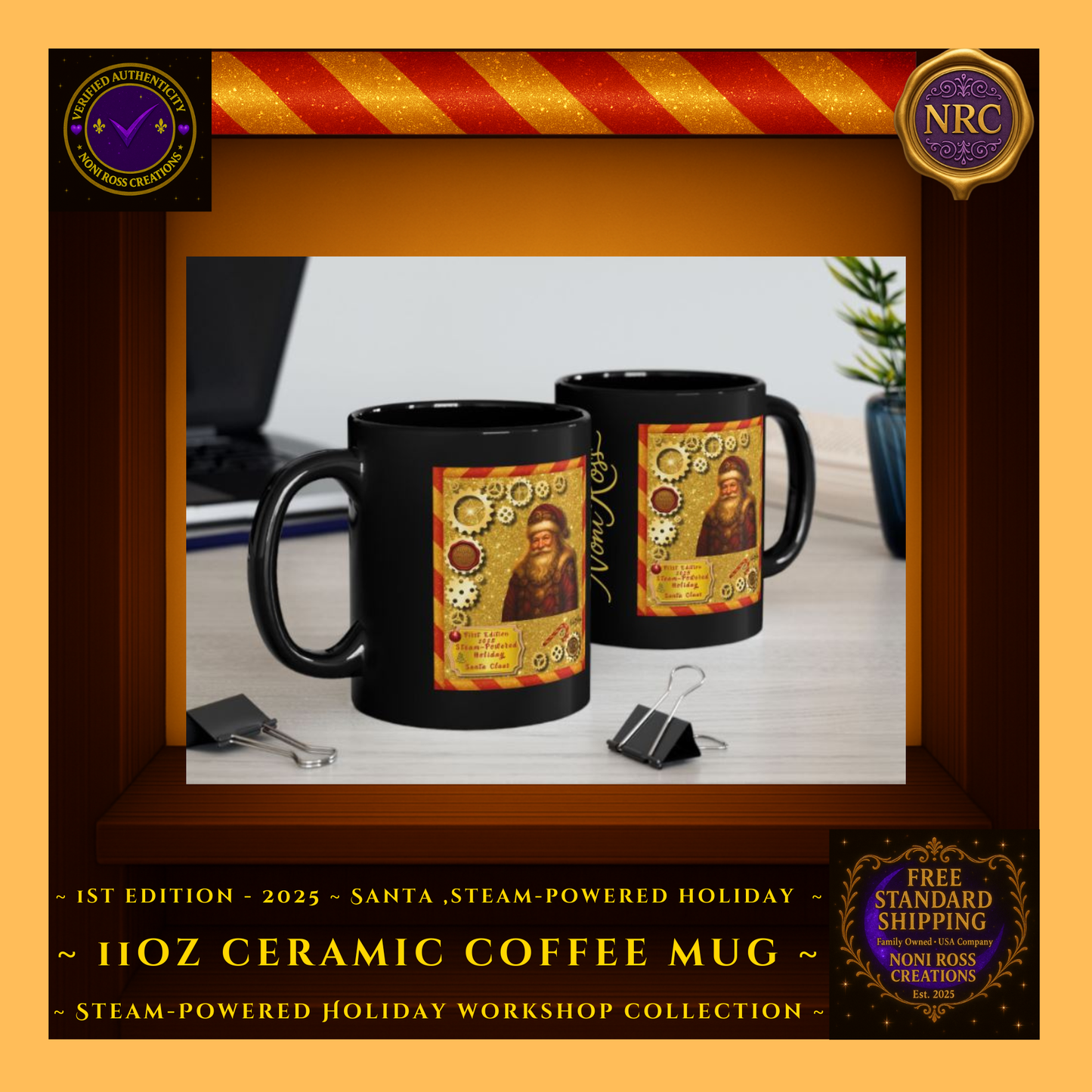 Lifestyle gold cubby image of the First Edition 2025 Steam-Powered Santa mug beside cookies and cocoa in a festive holiday setting