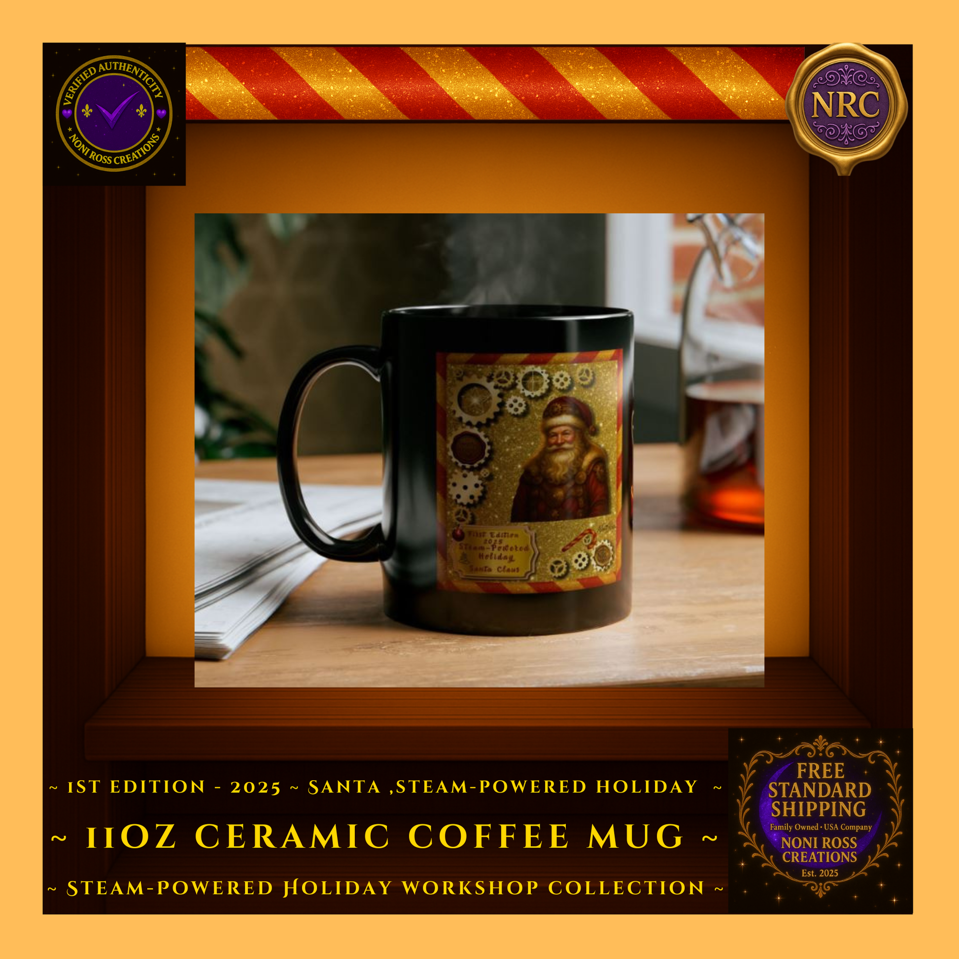 Lifestyle gold cubby image showing the First Edition Steam-Powered Santa mug near a Christmas tree with twinkle lights and wrapped gifts